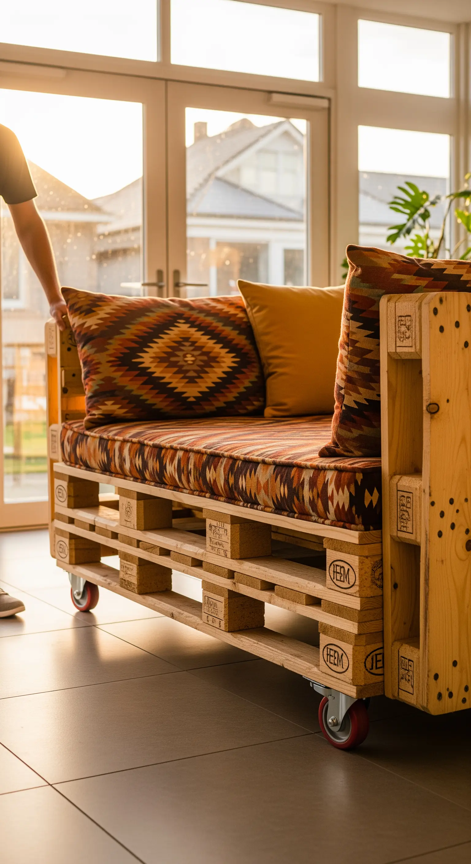 Divano in pallet con ruote e cuscini con motivi geometrici etnici