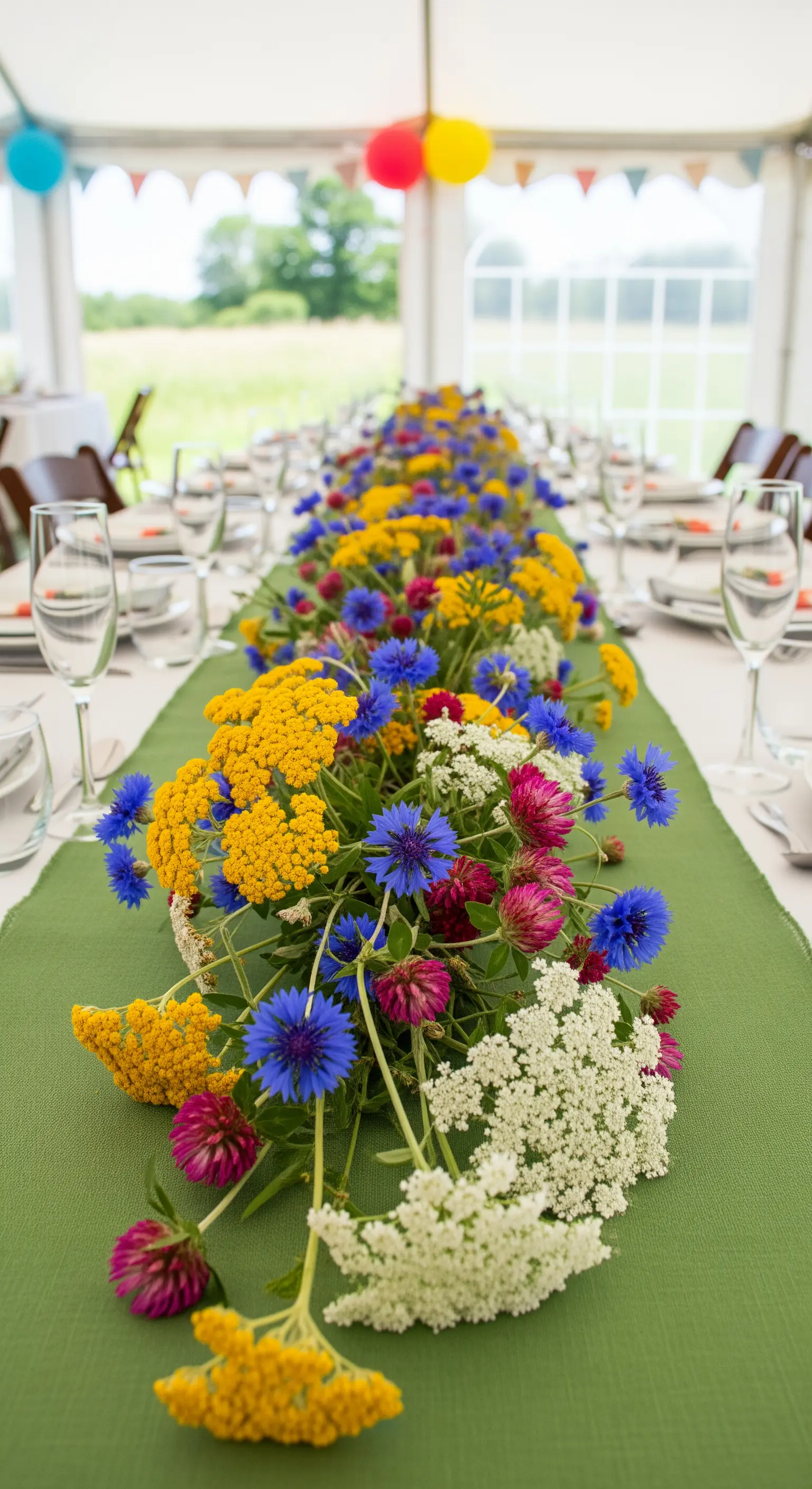 Tavolo in un tendone con runner verde e una lunga composizione di fiori di campo colorati.