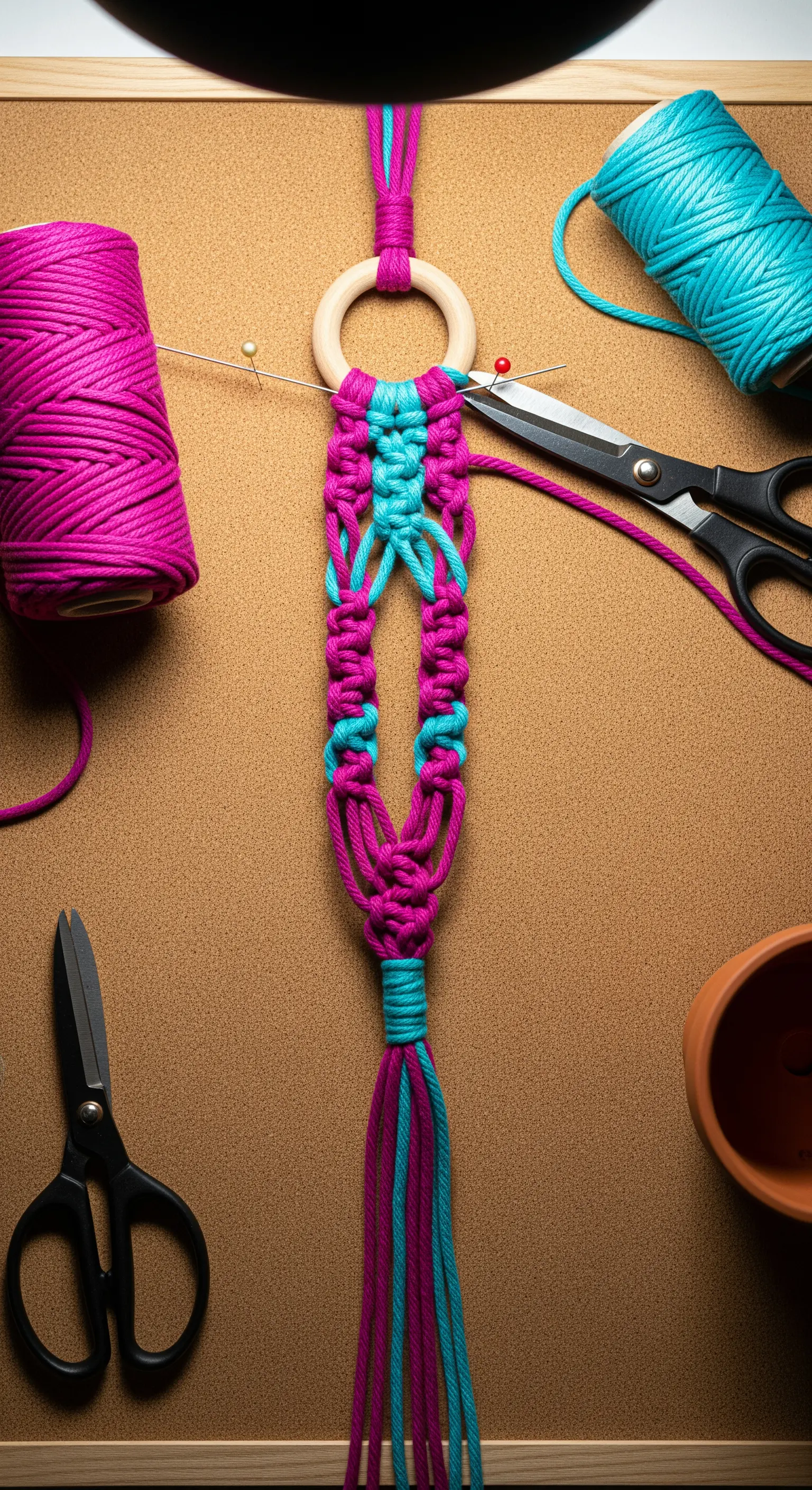 Lavorazione di un portavaso in macramè bicolore, fissato con spilli a una tavoletta di sughero.
