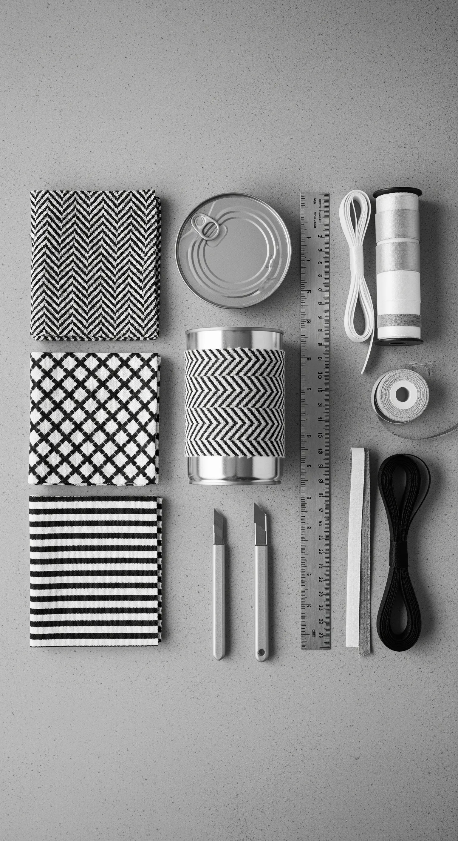 Flat lay in bianco e nero con lattina, tessuti geometrici, taglierini e nastri.