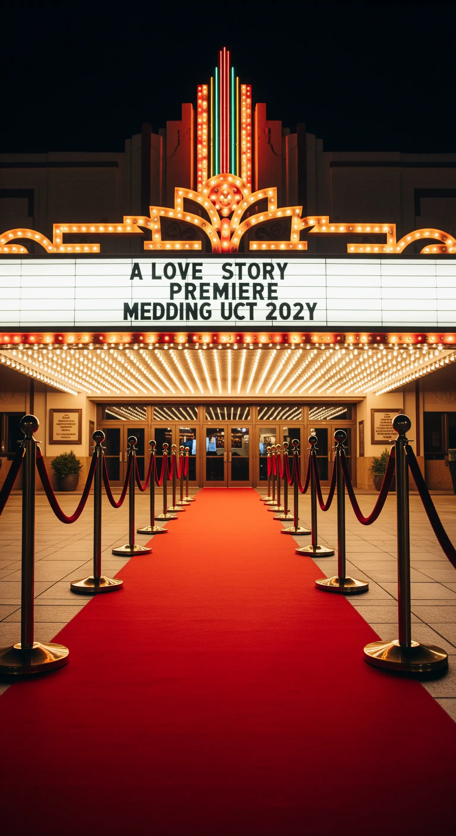 Ingresso di un cinema con tappeto rosso, transenne dorate e un'insegna luminosa per un matrimonio