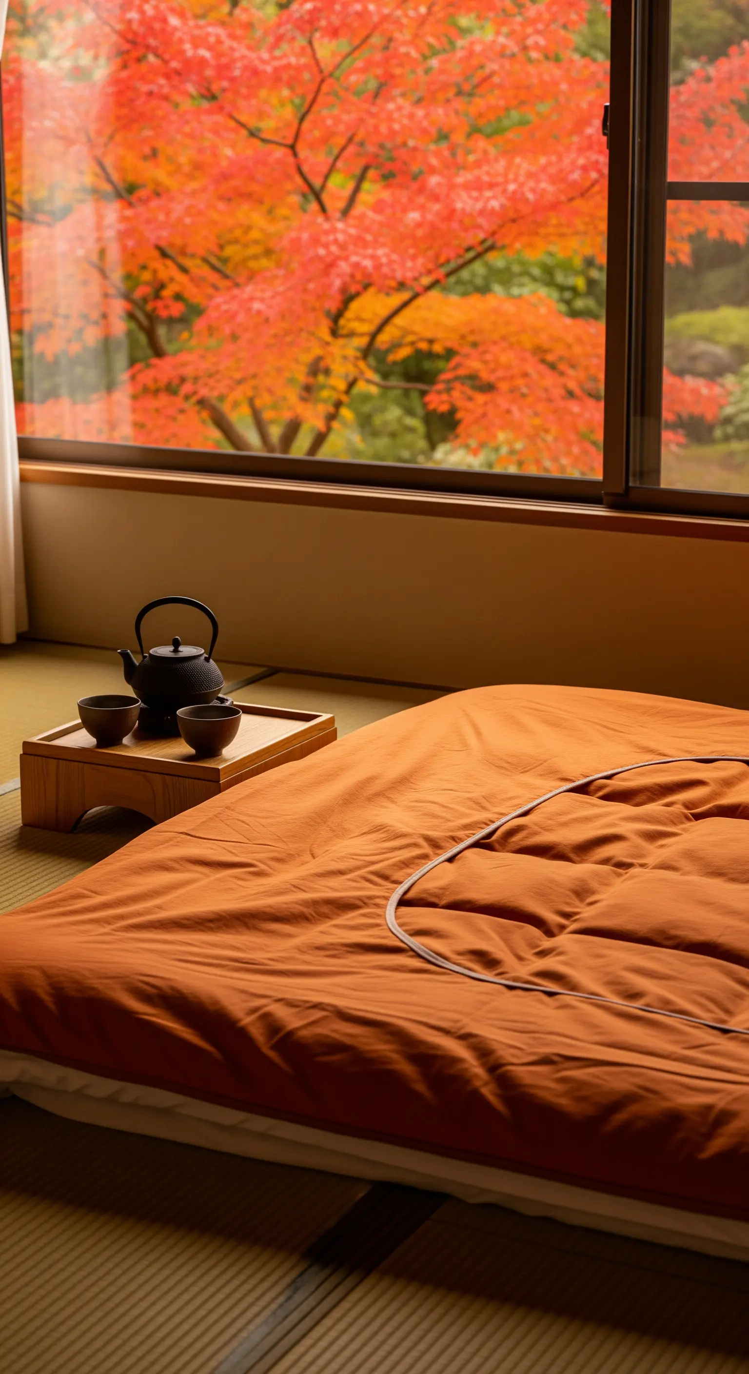 Futon arancione che richiama il colore delle foglie d'acero fuori dalla finestra.