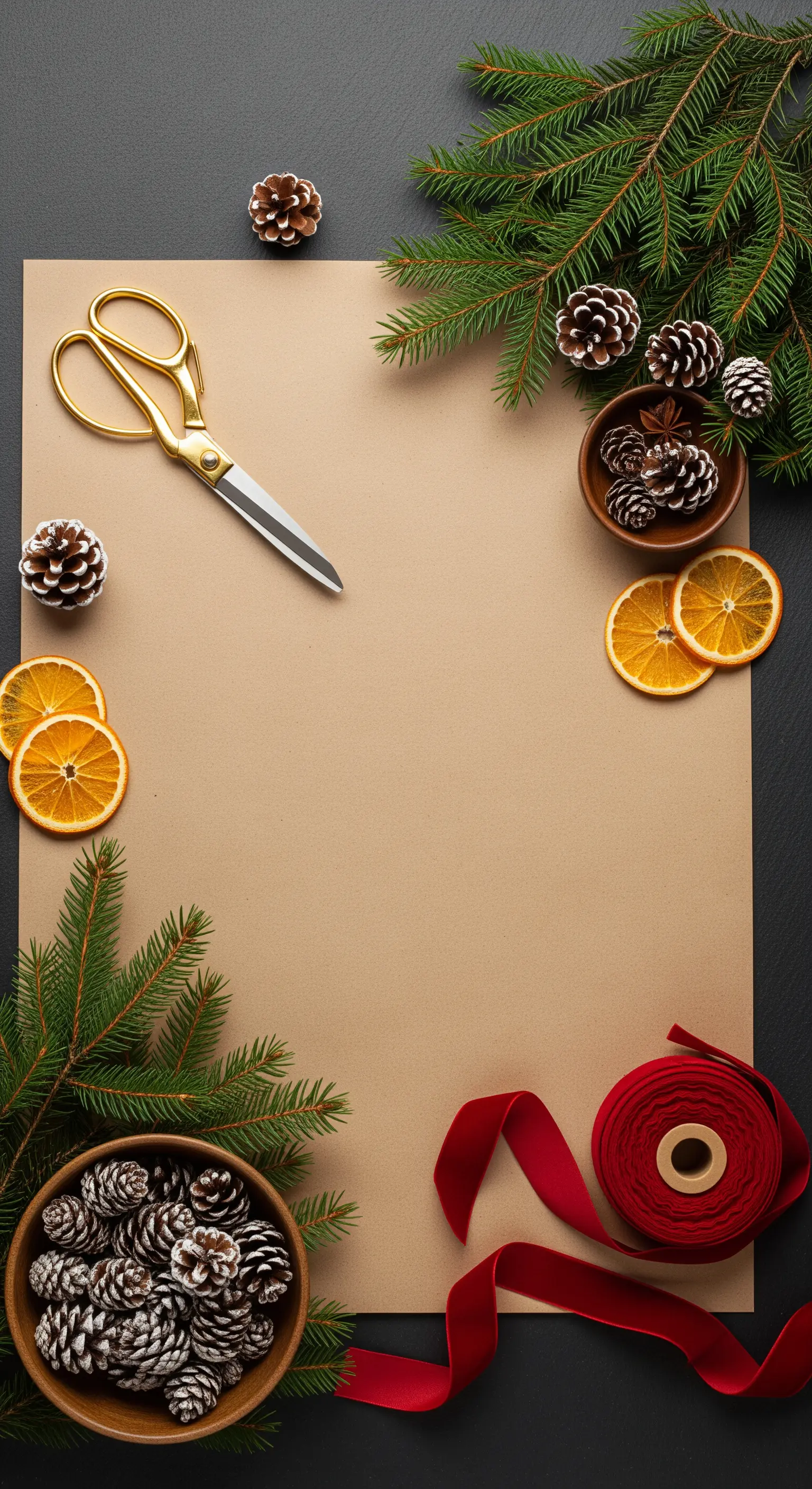 Stazione per impacchettare regali con carta kraft, forbici dorate e decorazioni naturali.