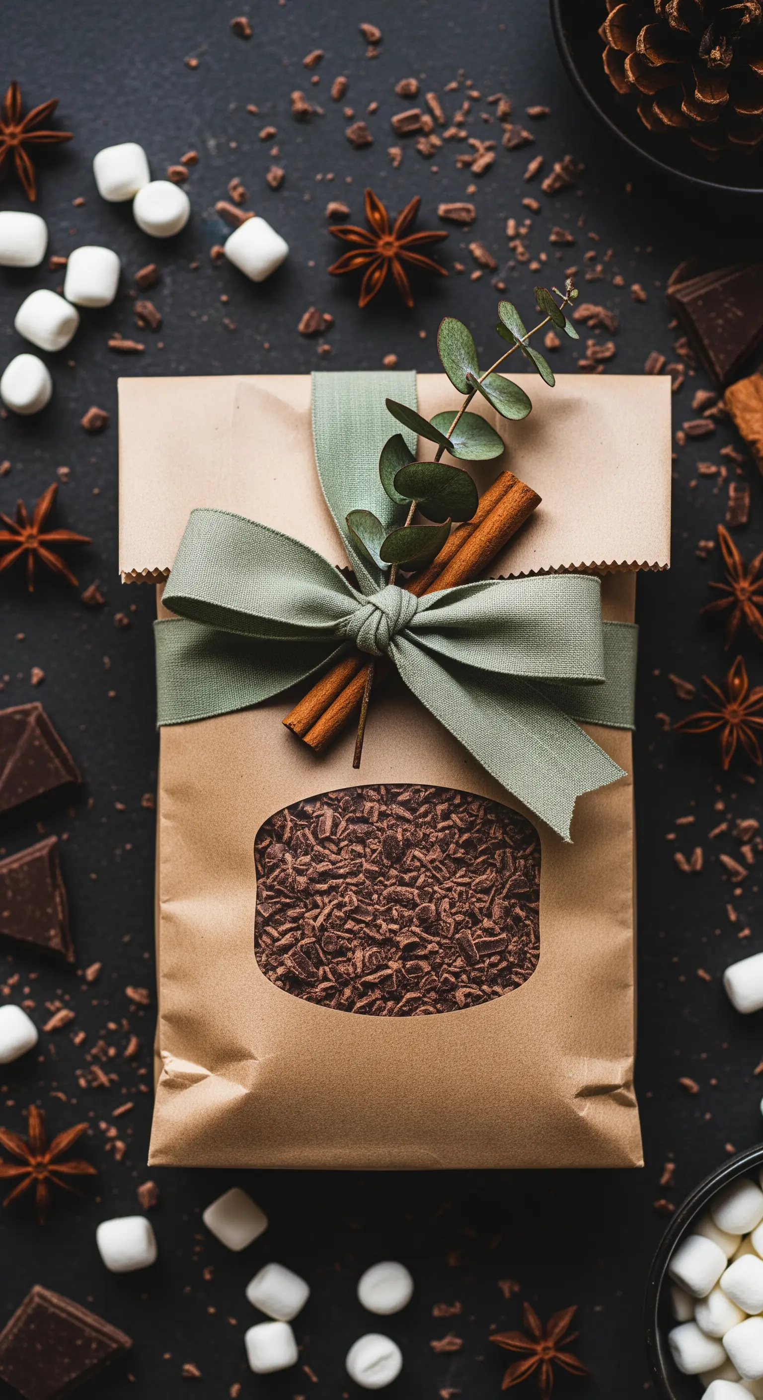 Sacchetto di carta kraft con finestra, contenente cioccolato in scaglie e decorato con un nastro.