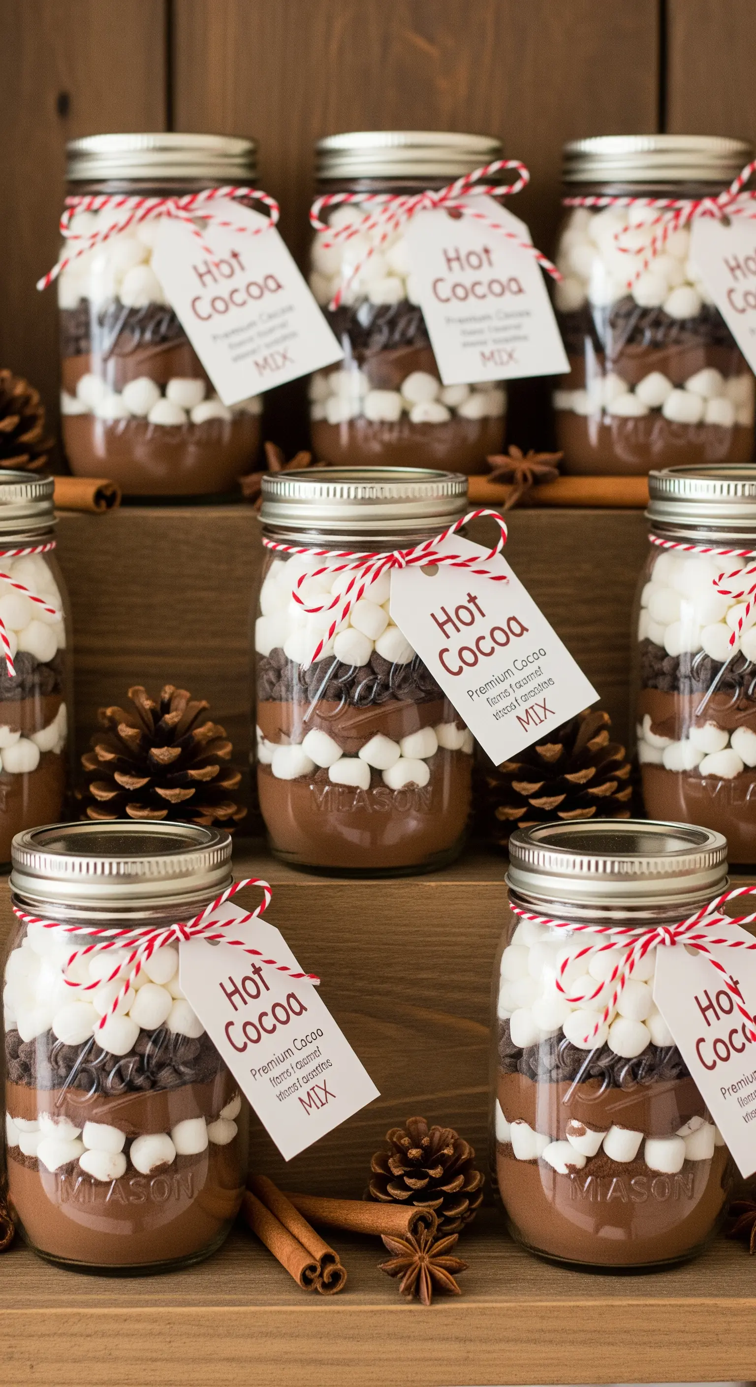 Barattoli di vetro con strati di preparato per cioccolata calda, marshmallow e gocce di cioccolato.