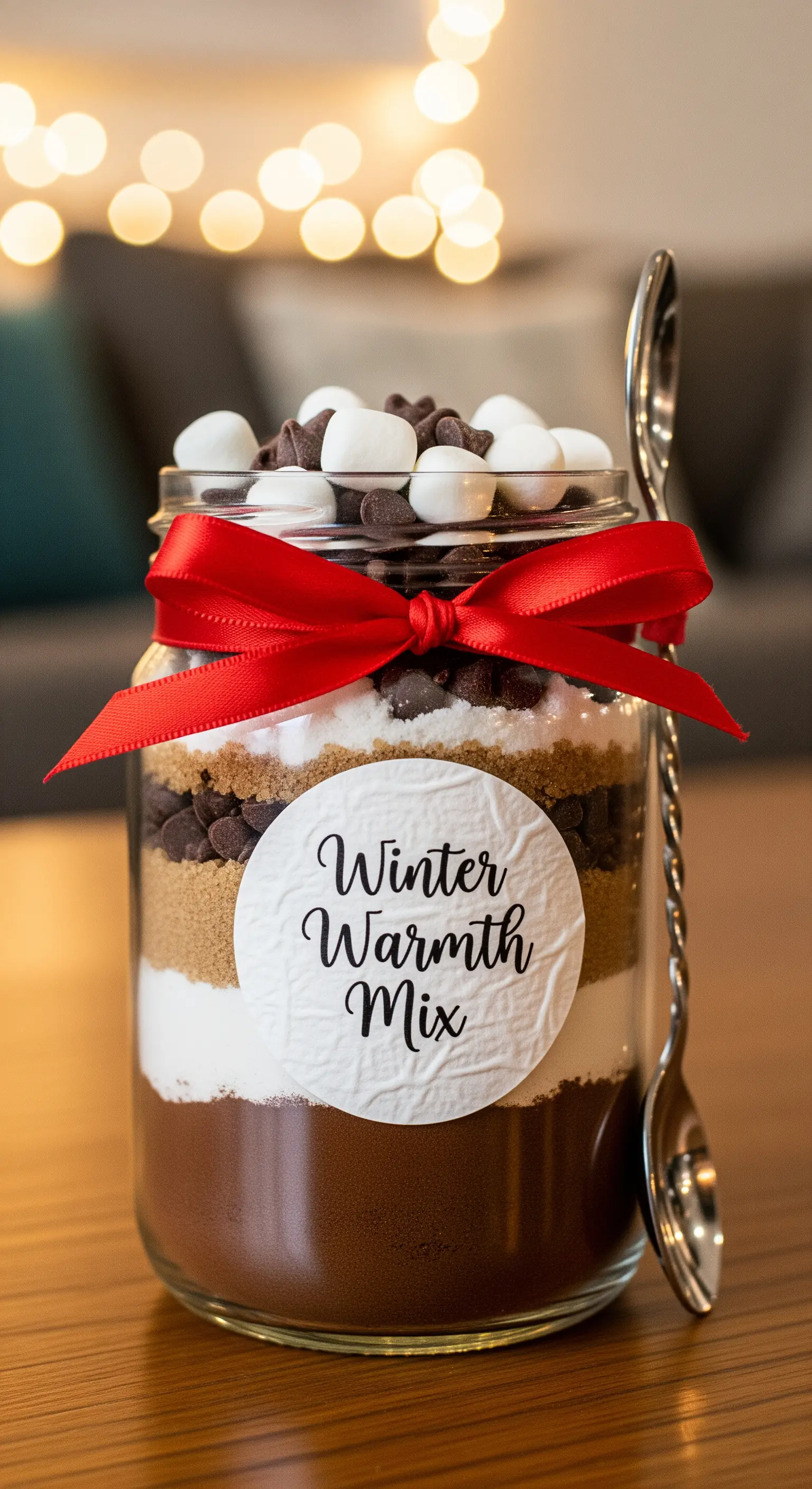 Barattolo di vetro con preparato per cioccolata calda, fiocco rosso e etichetta scritta a mano.
