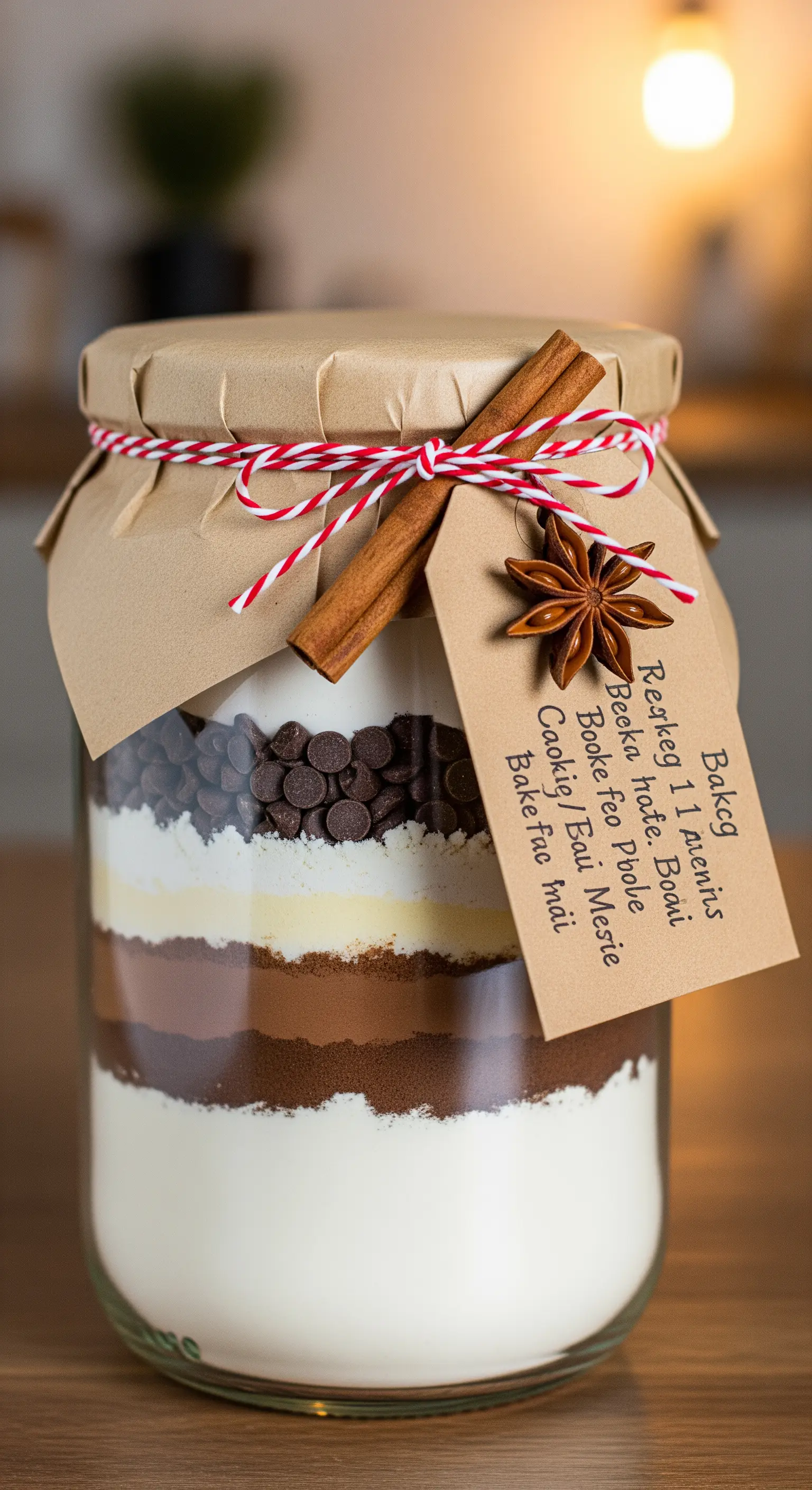 Barattolo di vetro con ingredienti per biscotti stratificati e un'etichetta in carta kraft.
