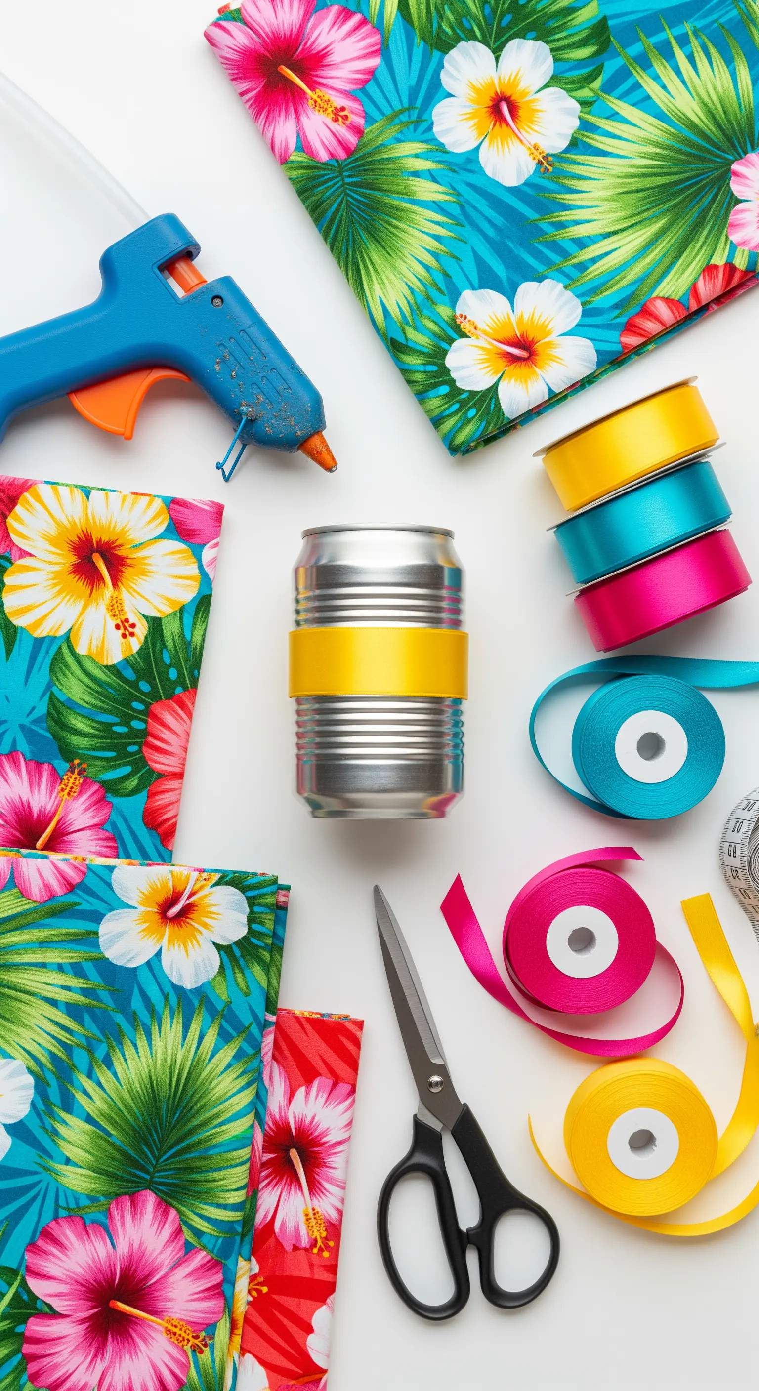 Materiali per un progetto DIY: lattina, tessuto tropicale, nastri colorati e pistola per colla a caldo.