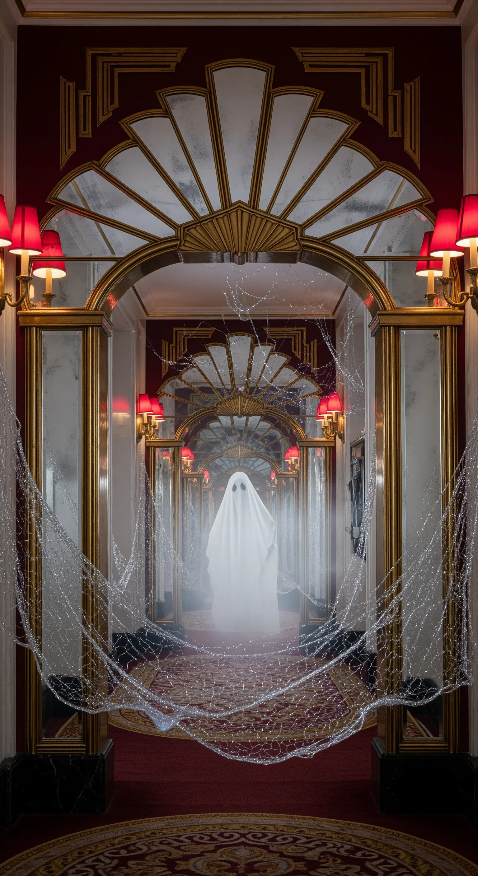 Corridoio elegante con specchi, ragnatele e un fantasma bianco.