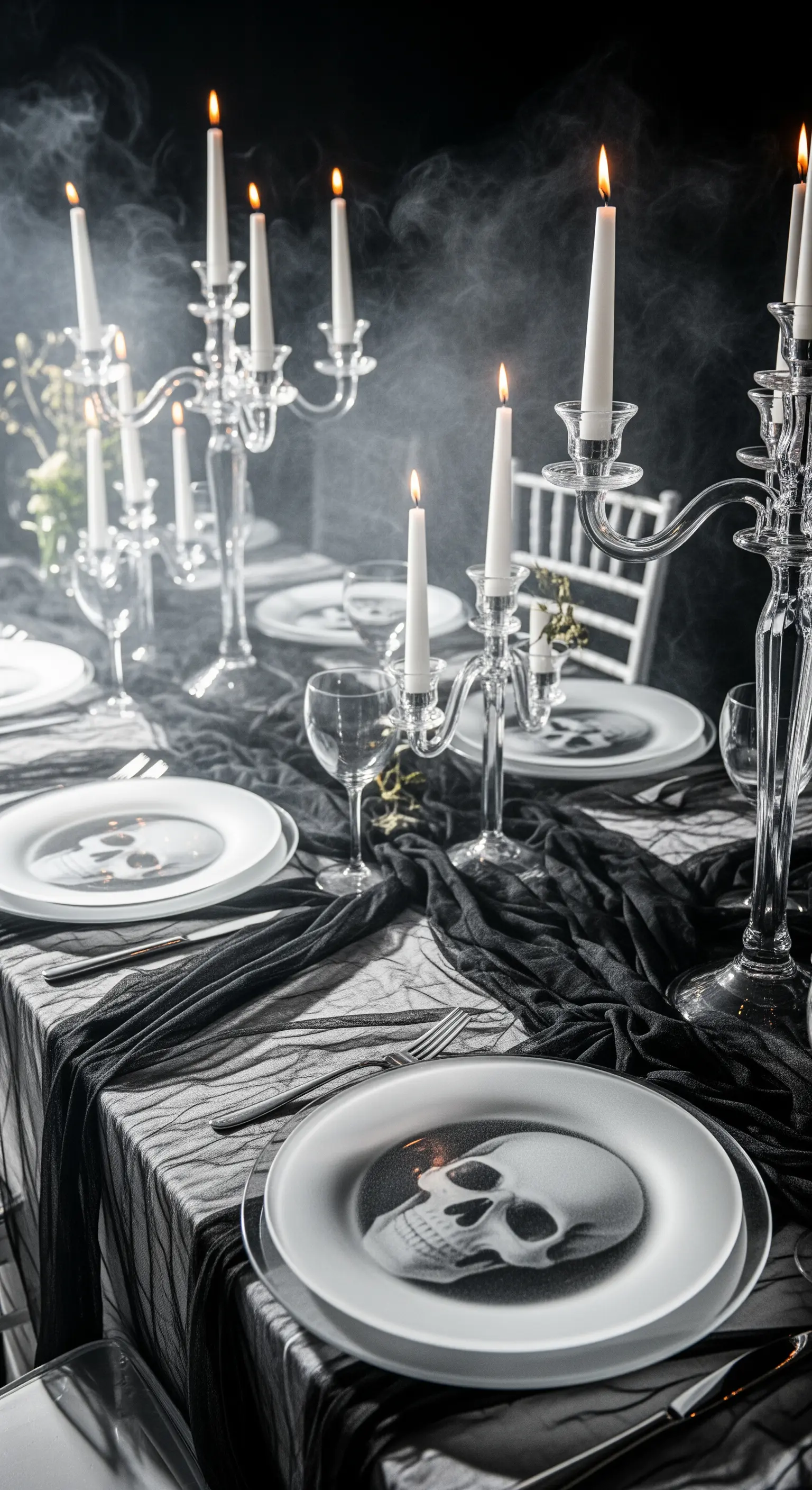 Tavola di Halloween con piatti trasparenti, garza nera, fumo e candelabri di cristallo.