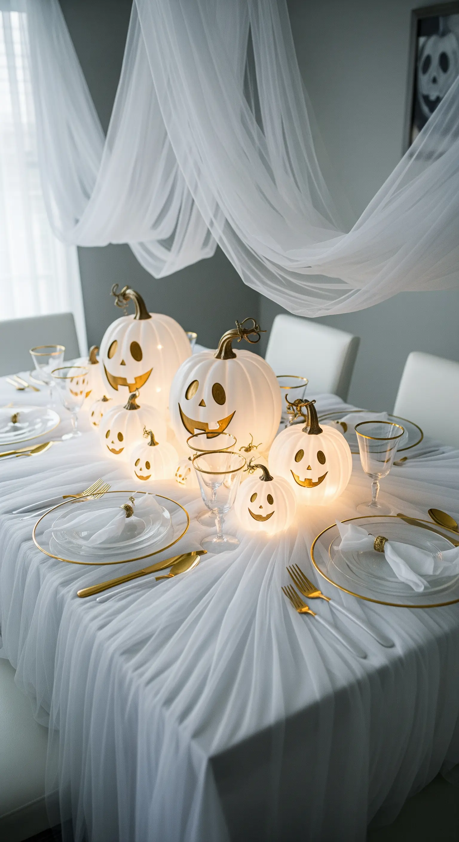 Tavola di Halloween avvolta nel tulle bianco con zucche luminose al centro.