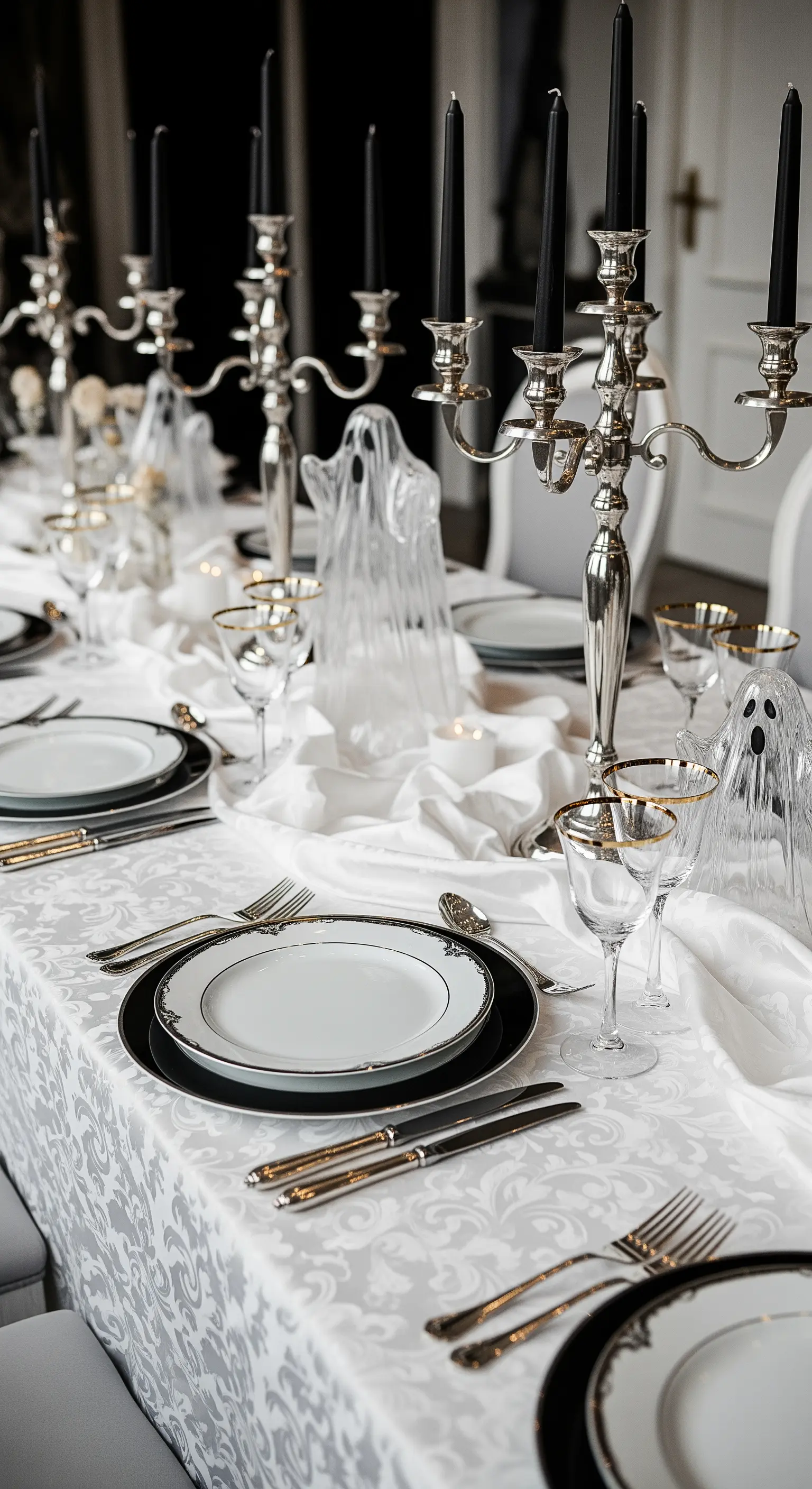 Tavola bianca e argento con candelabri, candele nere e fantasmi decorativi in vetro.