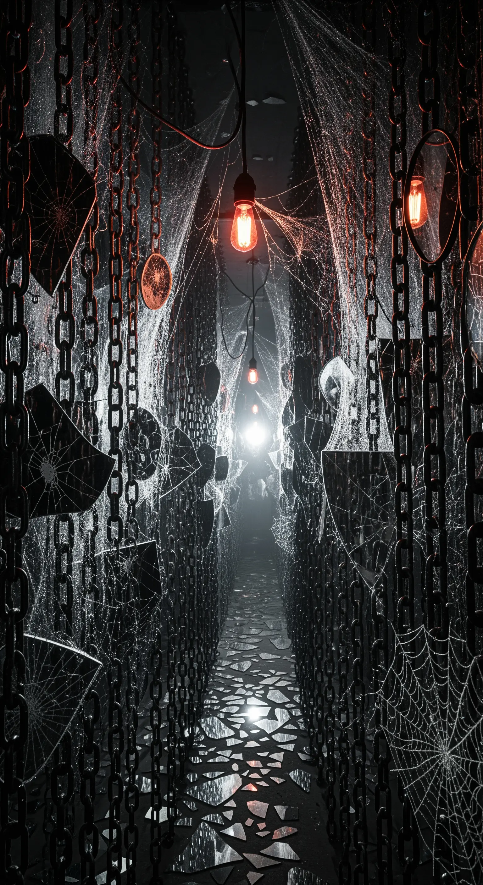 Tunnel buio con catene sospese e frammenti di specchio rotti.