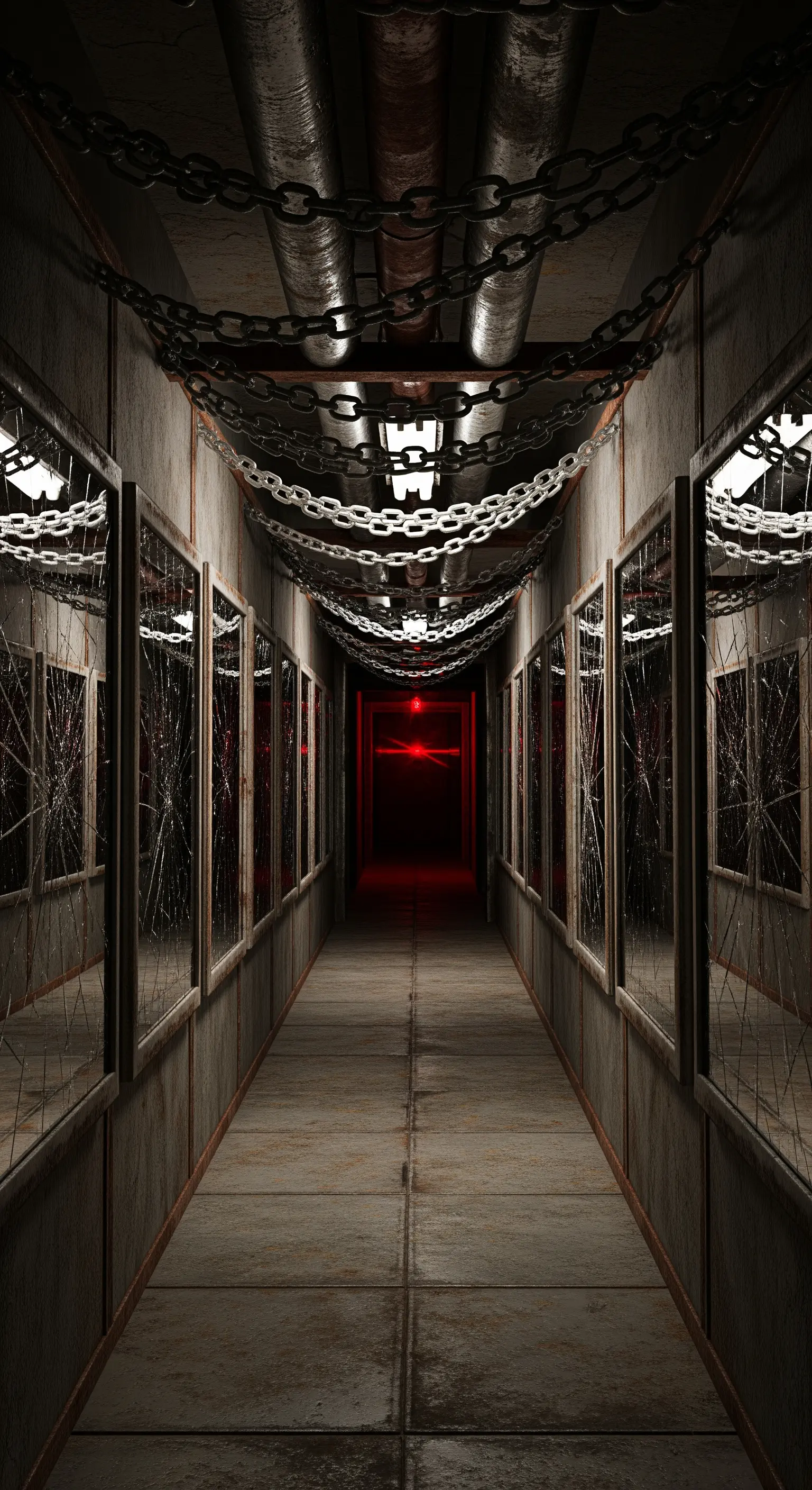 Corridoio industriale con catene, specchi rotti e luce rossa.