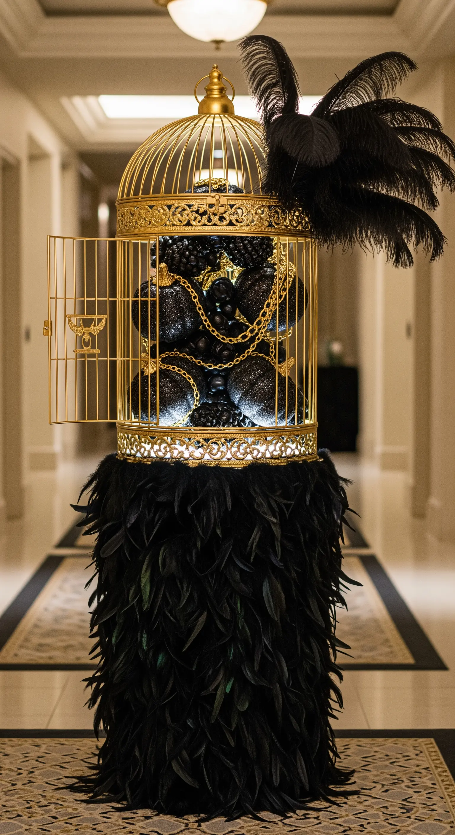 Gabbia dorata piena di zucche nere glitterate, su una base di piume nere.