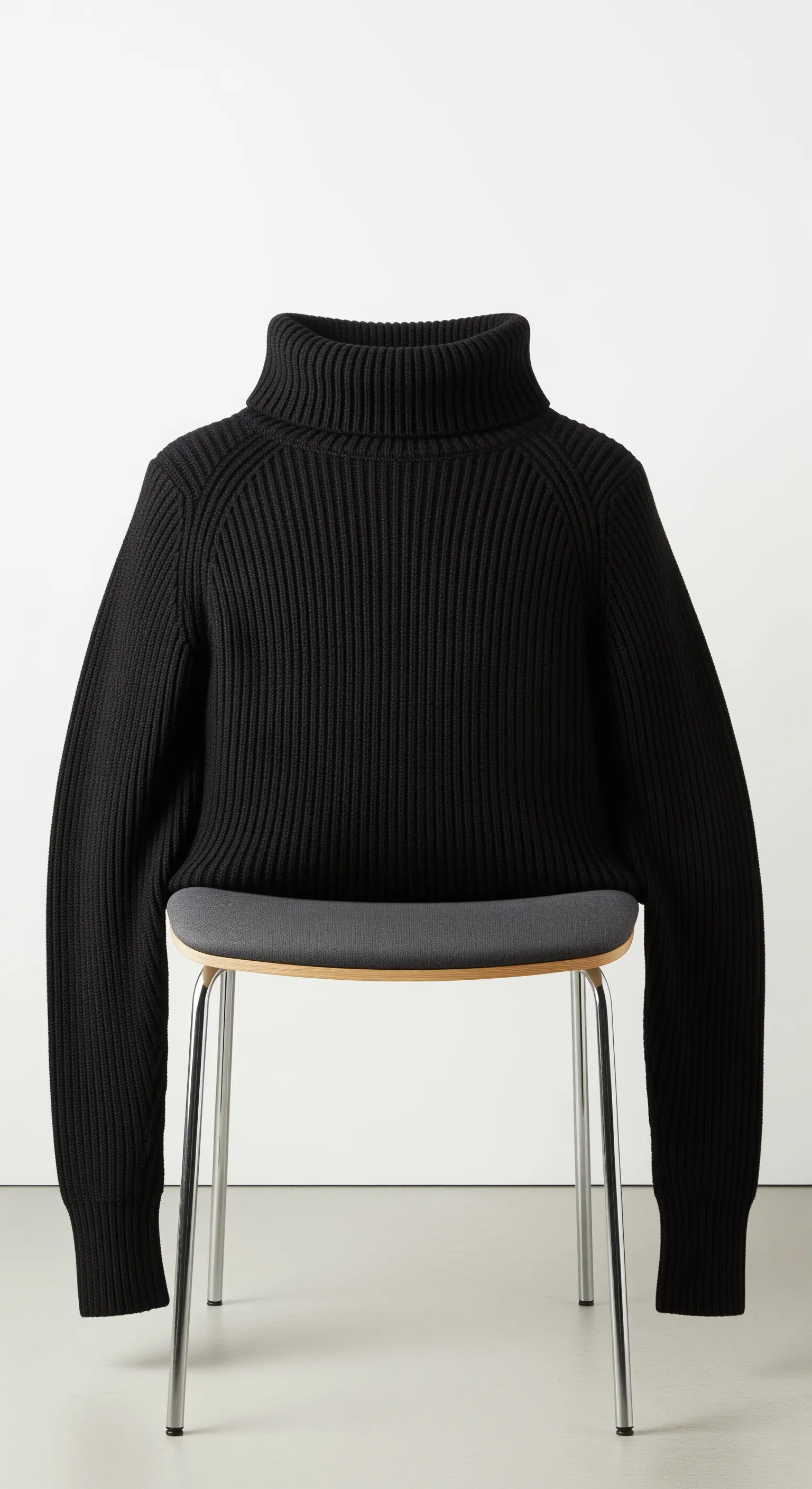 Maglione nero a collo alto su una sedia, in attesa di essere trasformato in cuscino.