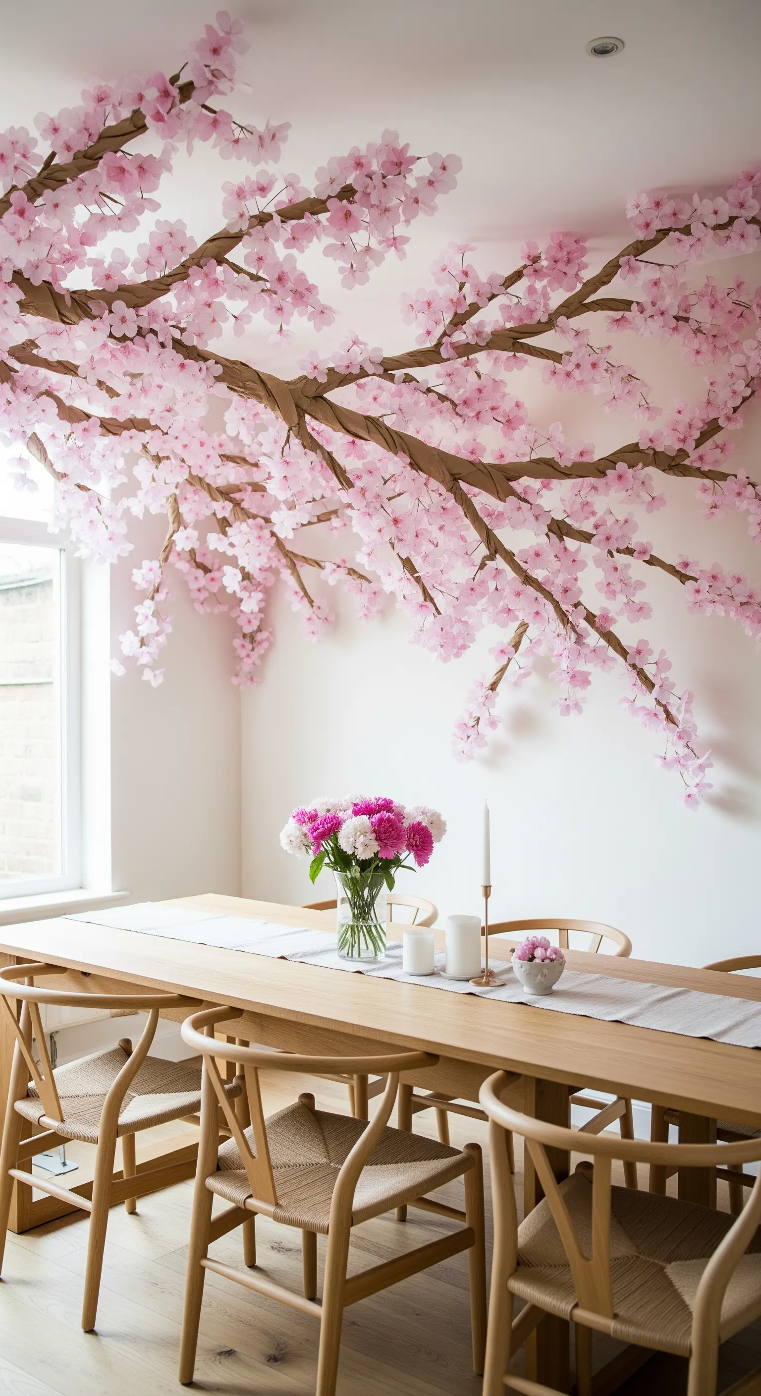 Un grande ramo di ciliegio fiorito, fatto di carta, decora la parete e il soffitto di una sala da pranzo.