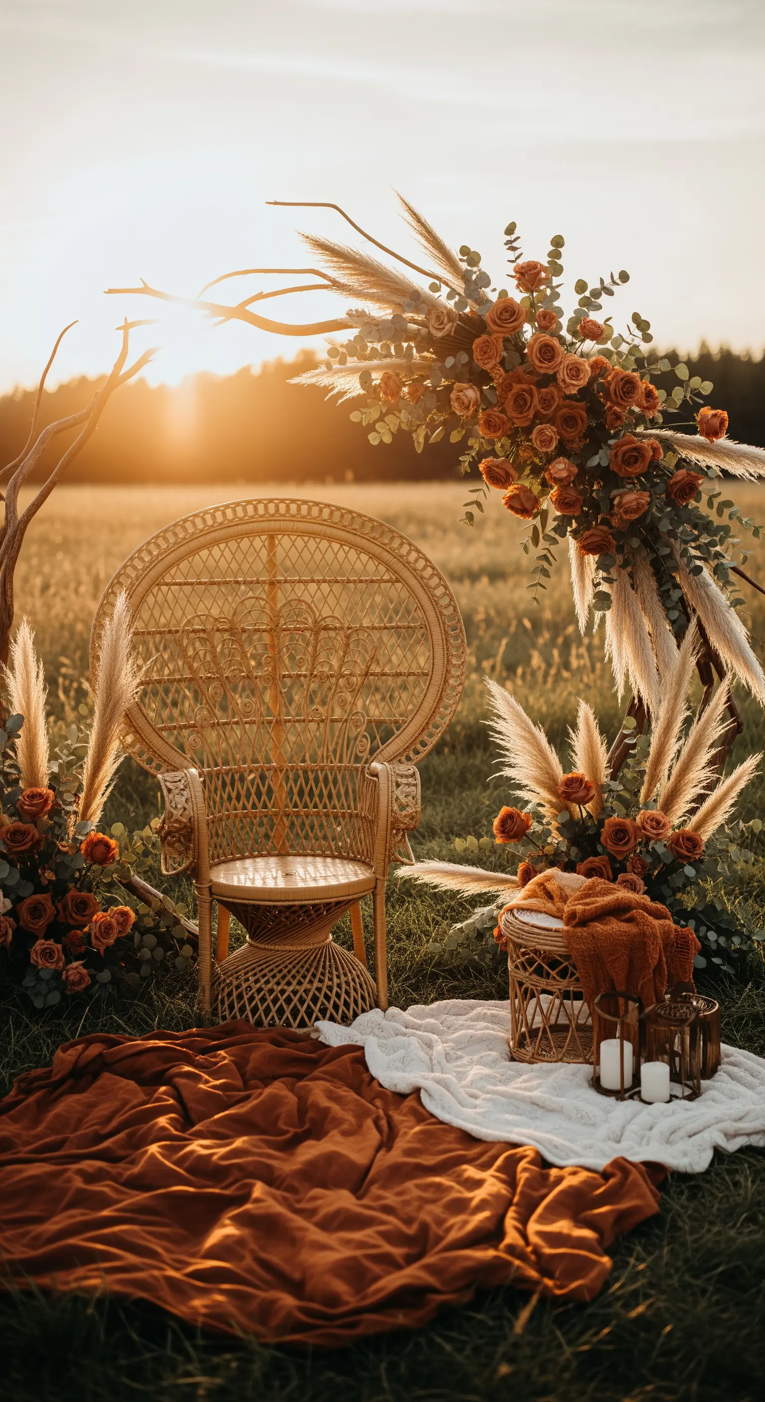Sedia pavone in vimini decorata con pampas e fiori color terracotta.