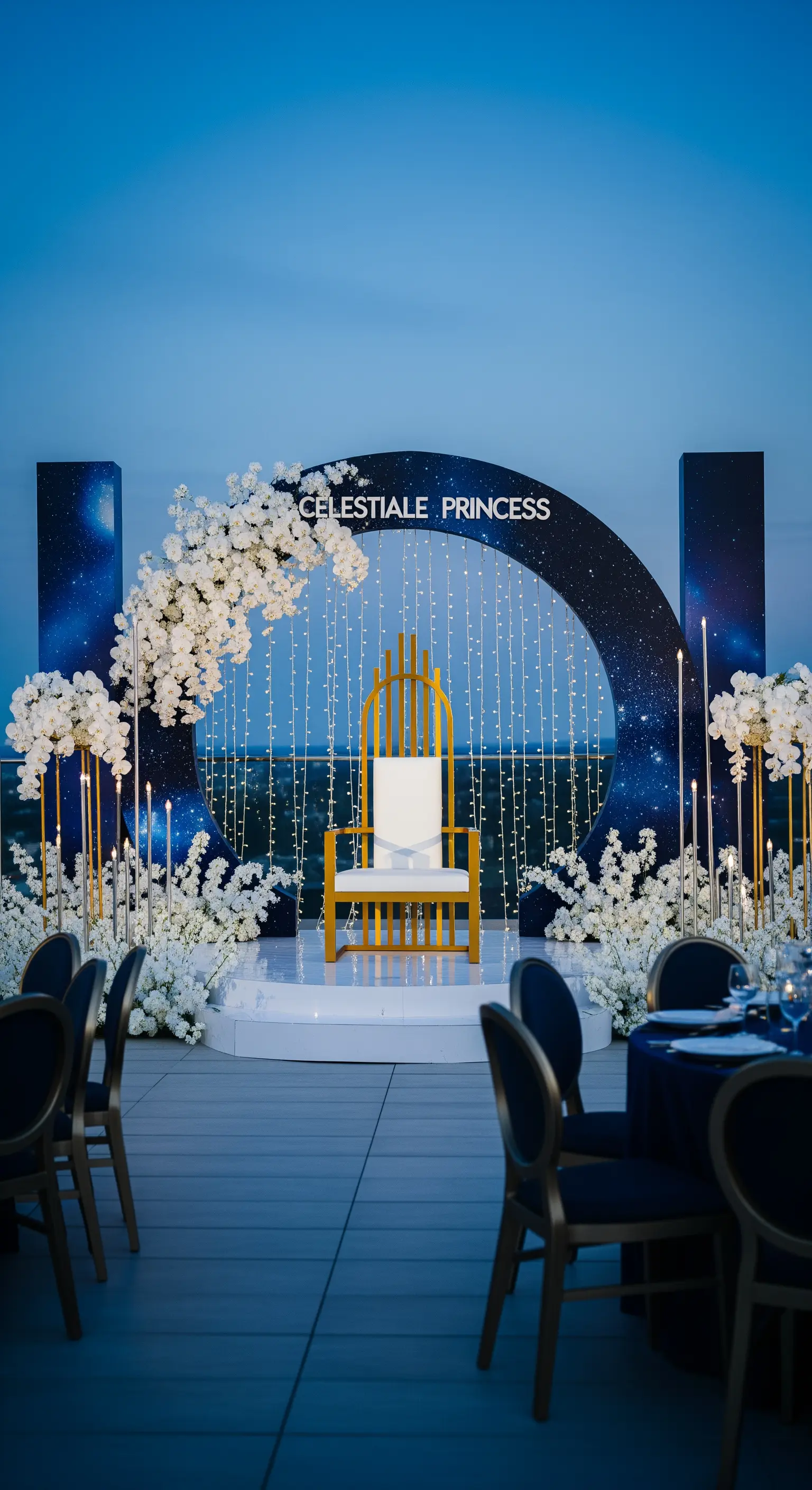 Trono moderno dorato con sfondo a tema galassia e fiori bianchi.