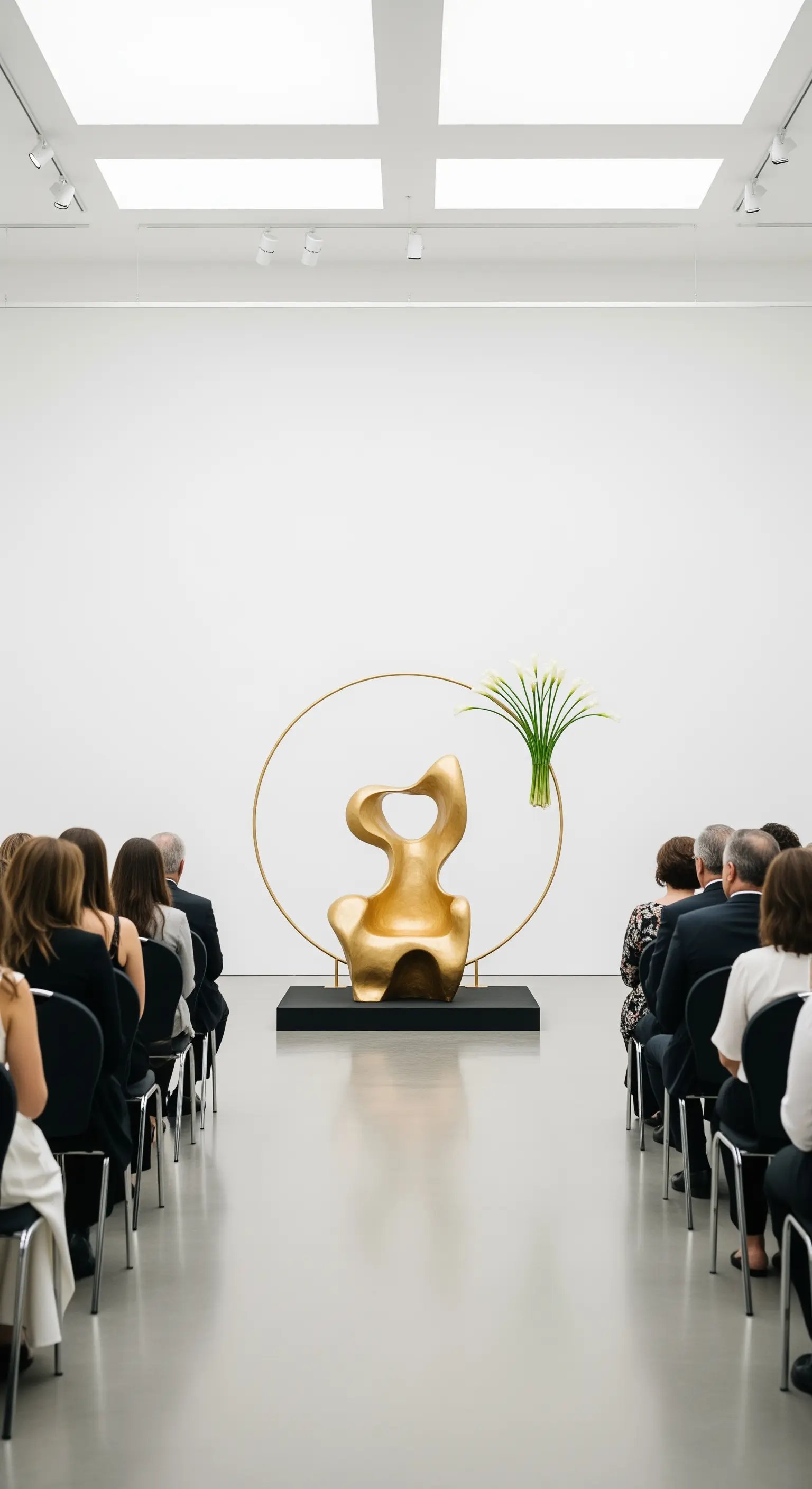 Scultura dorata astratta usata come trono in una galleria d'arte moderna.