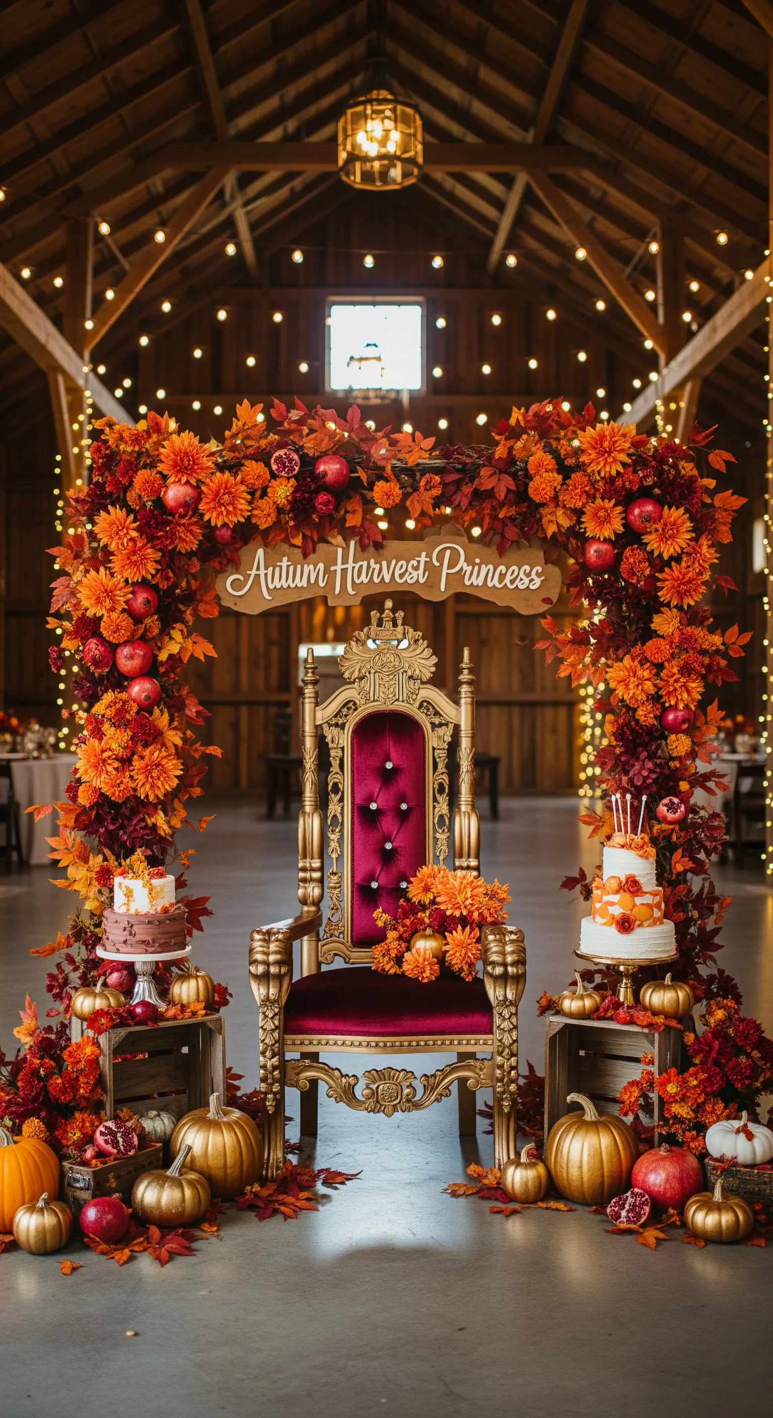 Trono in velluto rosso per una festa a tema autunnale con zucche e fiori.