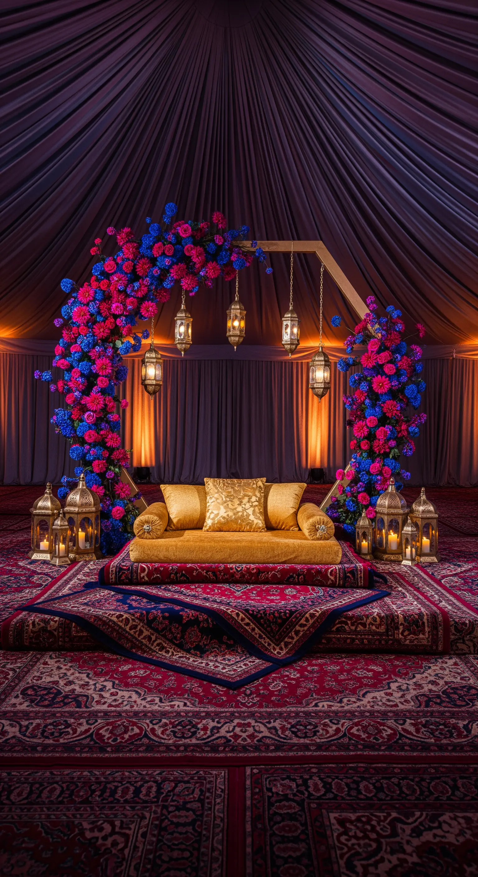 Allestimento in stile Mille e una Notte con divanetto dorato e lanterne.