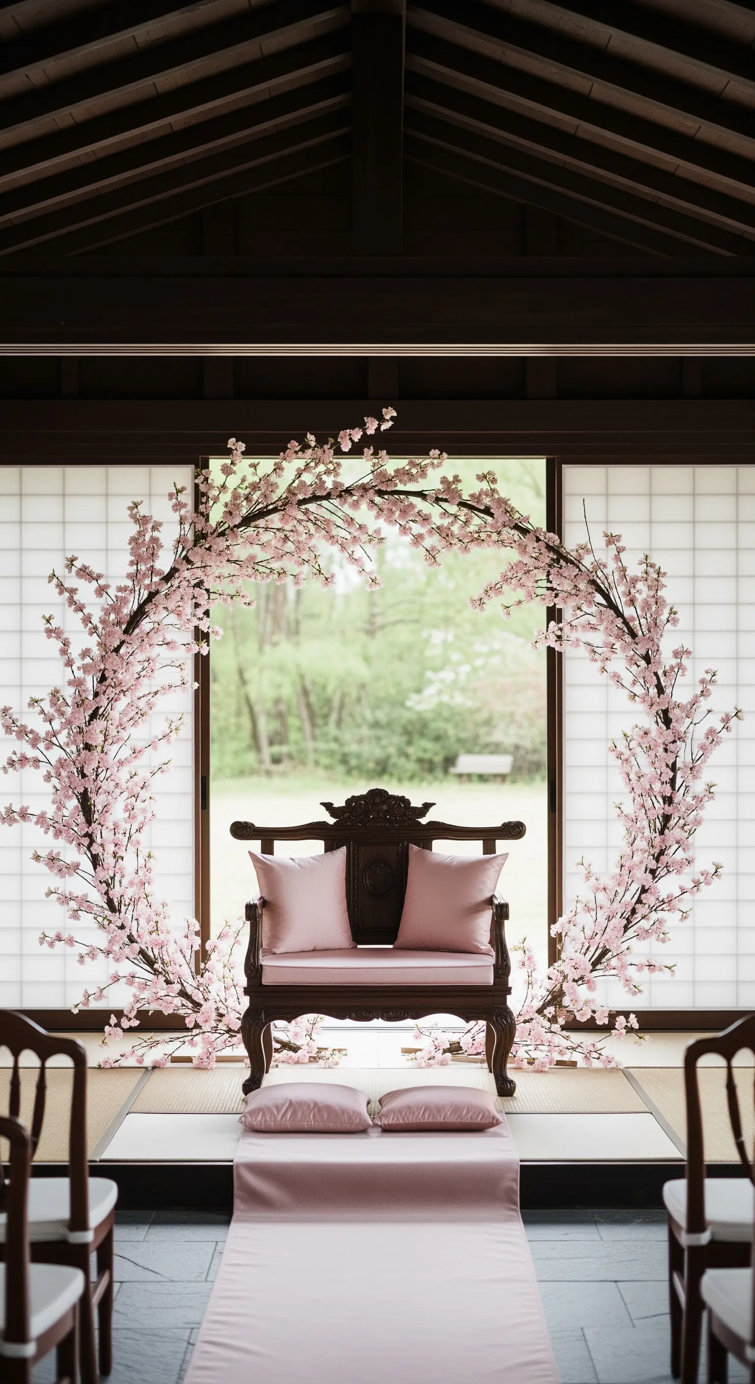 Allestimento in stile giapponese con panca e arco di fiori di ciliegio.