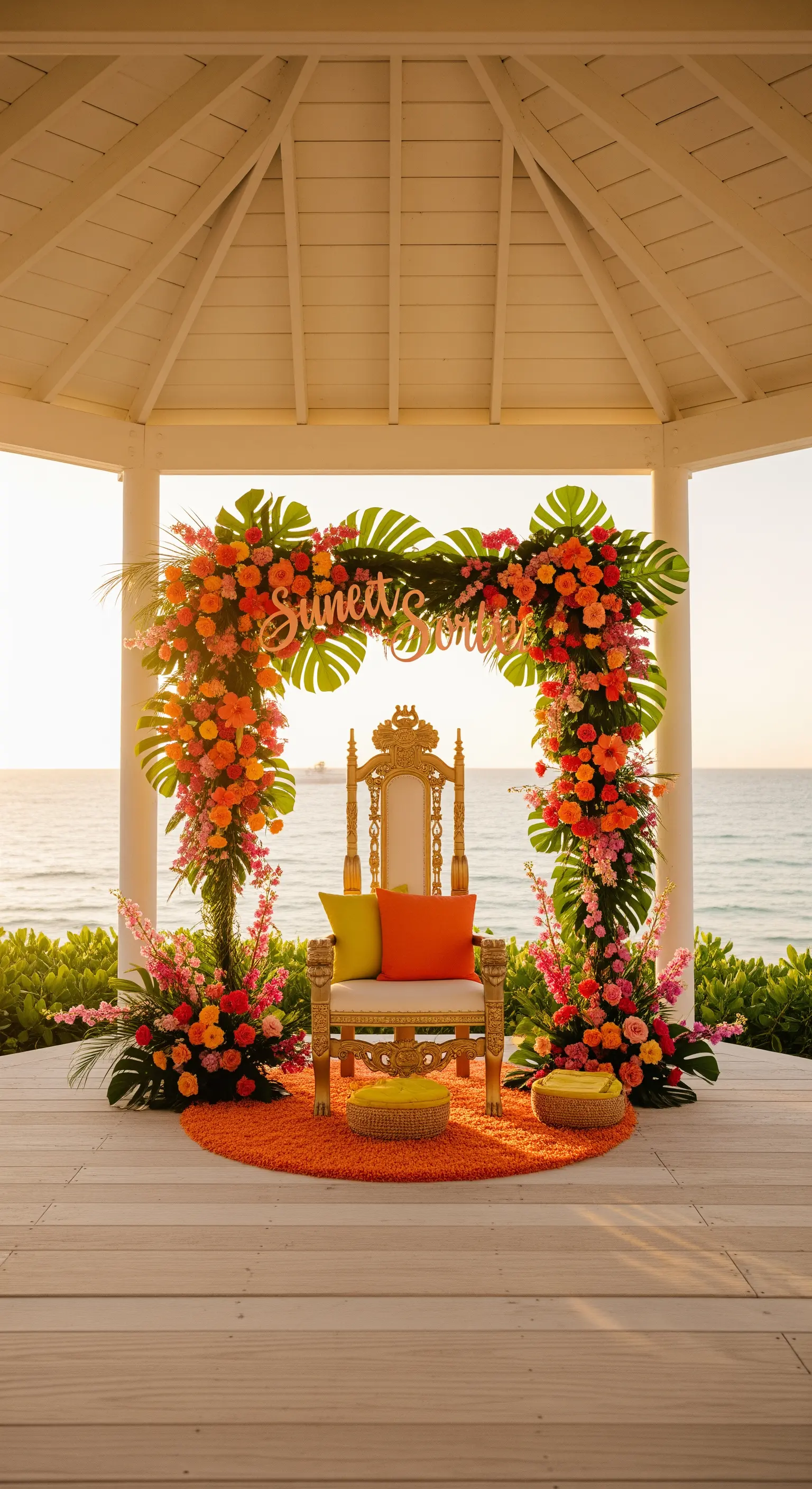 Trono dorato in un gazebo in riva al mare con arco di fiori tropicali.