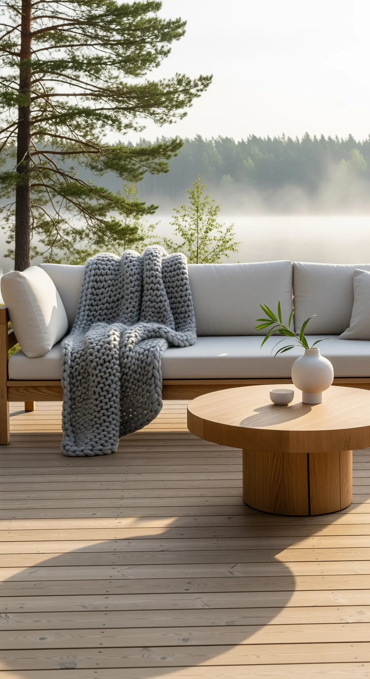 Divano in legno chiaro con plaid in maglia grossa grigio su una terrazza affacciata su un lago