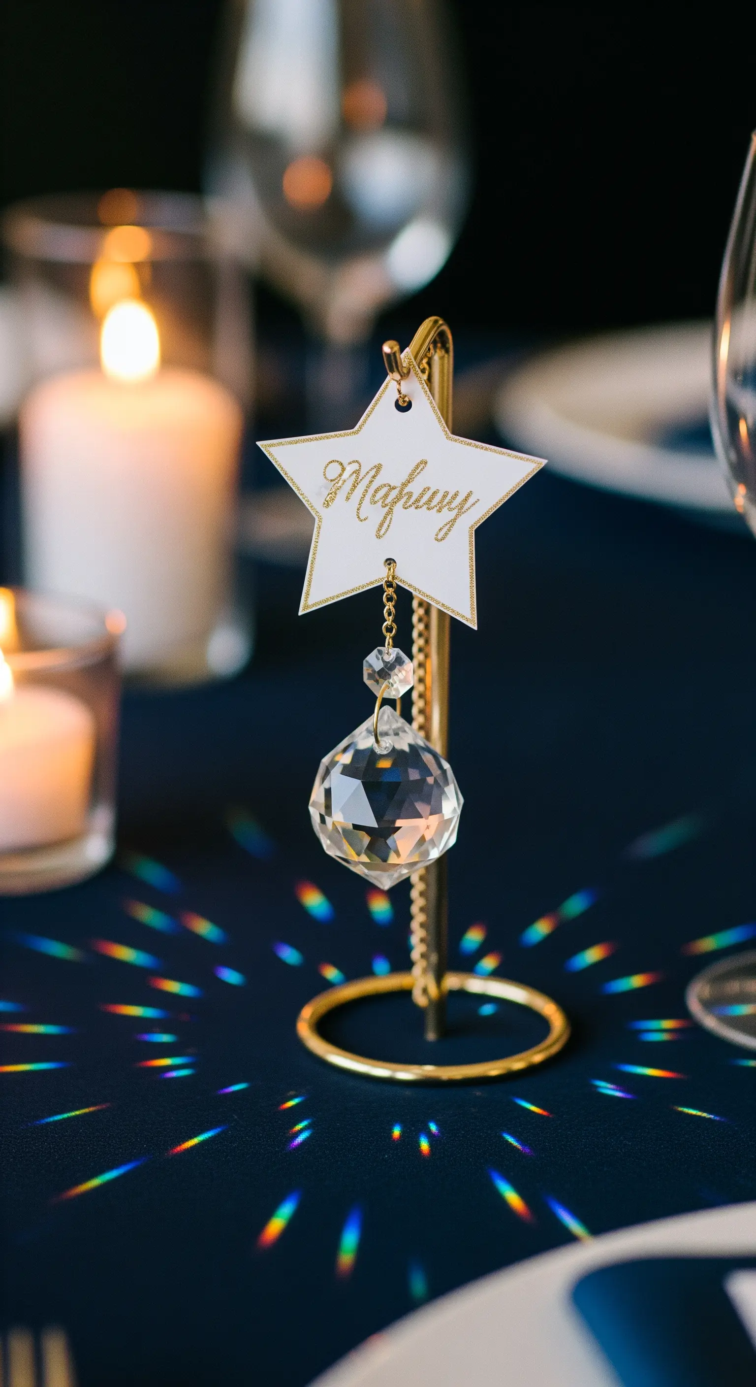 Supporto dorato con un cartoncino a forma di stella e un cristallo pendente che riflette la luce.