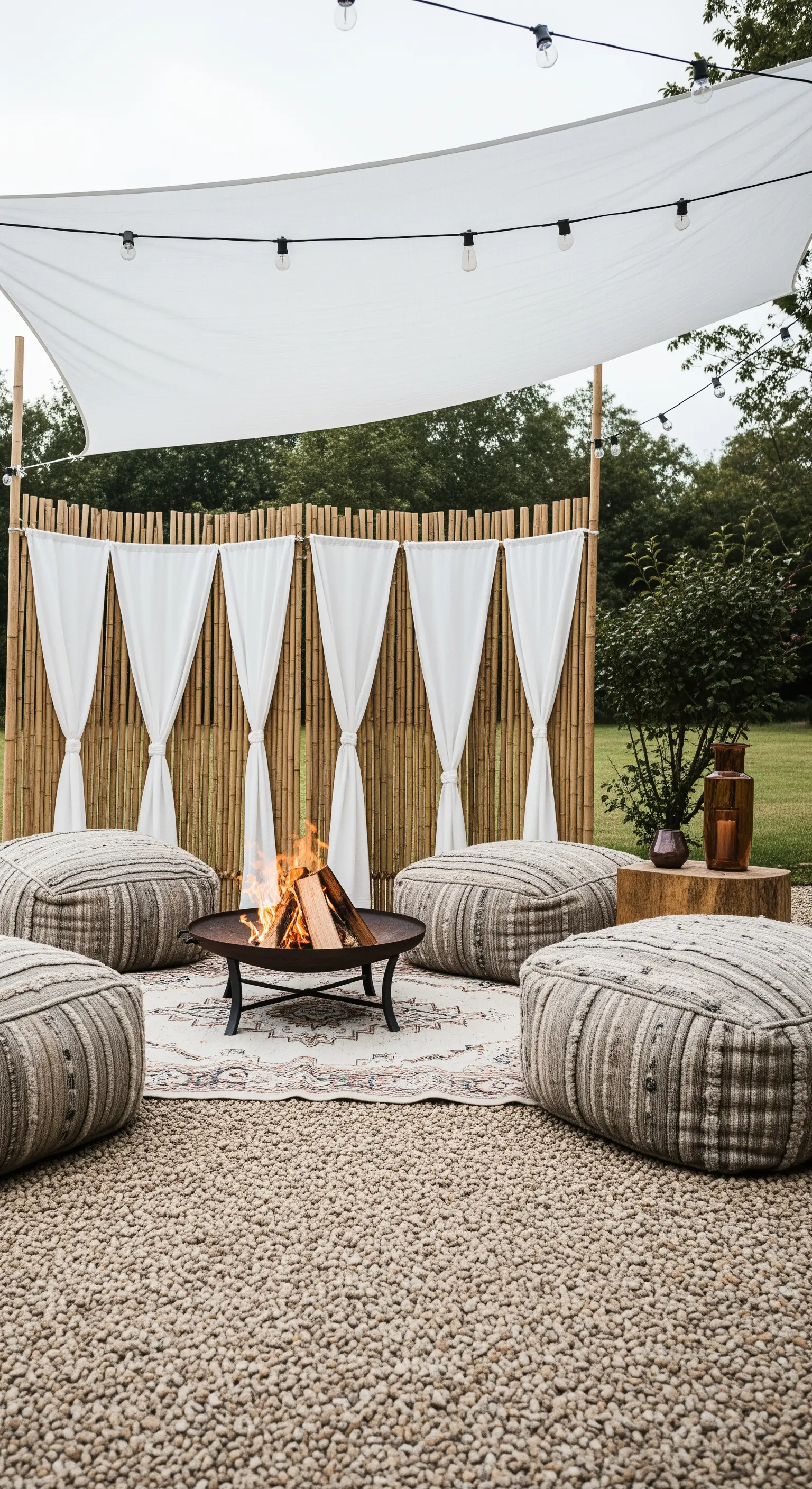 Zona focolare con paravento in bambù, pouf in tessuto grezzo e tende bianche.