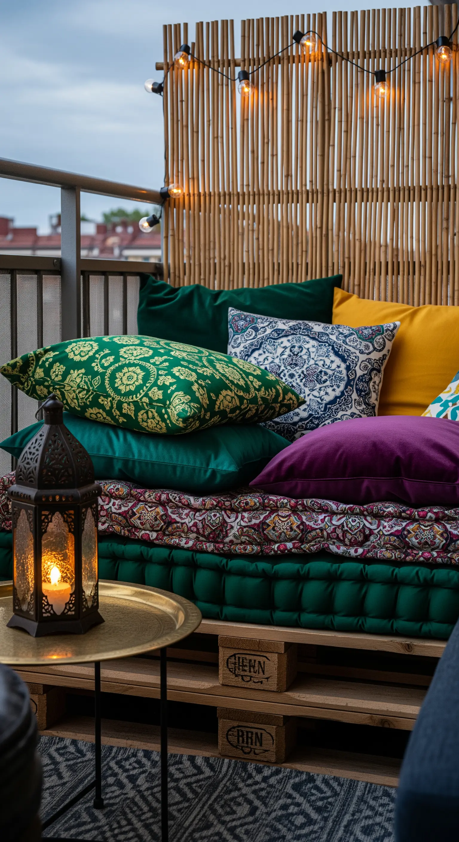 Divanetto in pallet con cuscini colorati, parete in bambù e lanterna marocchina accesa.