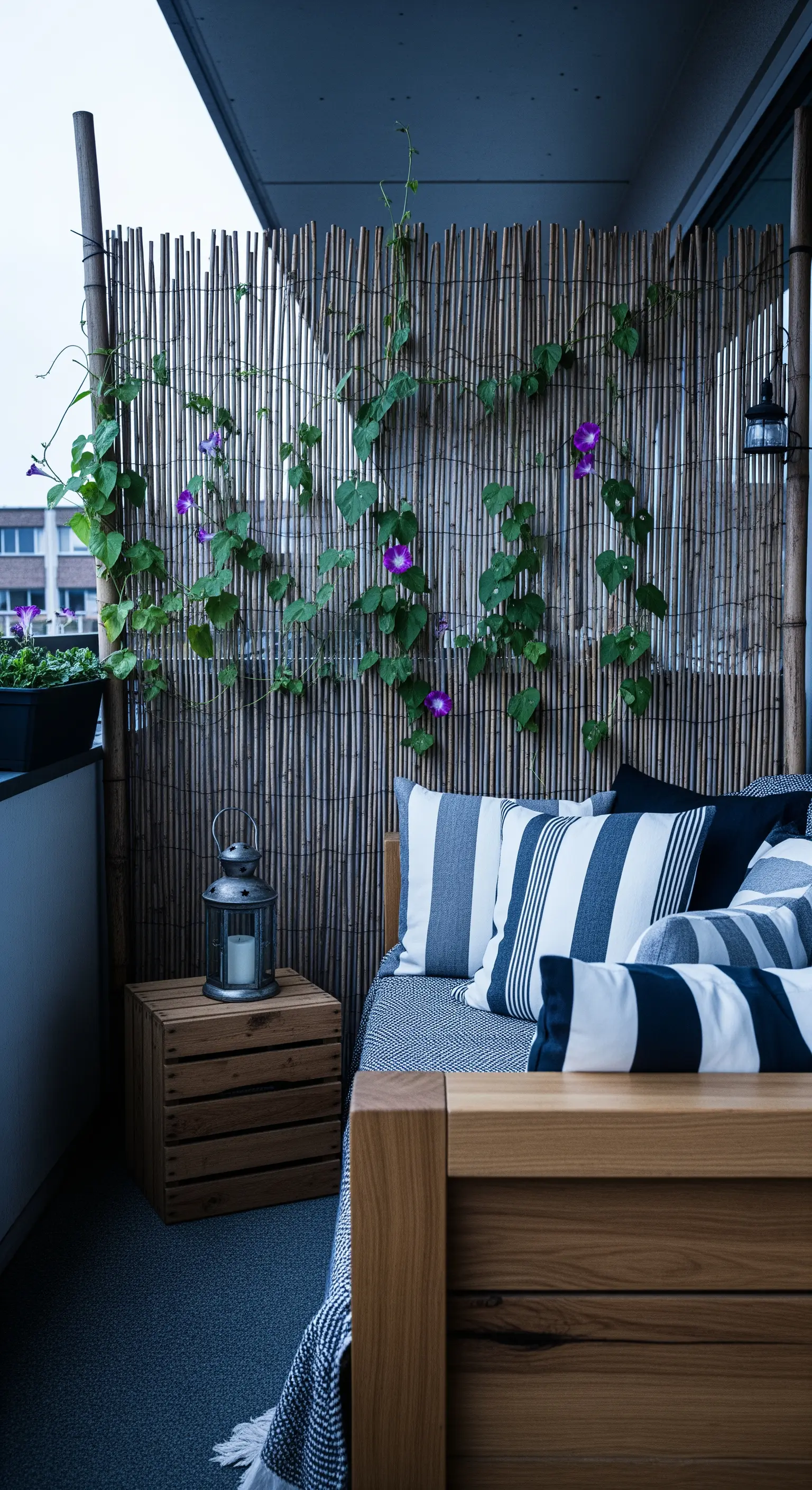 Divanetto in legno con cuscini a righe blu e uno schermo in bambù per la privacy.