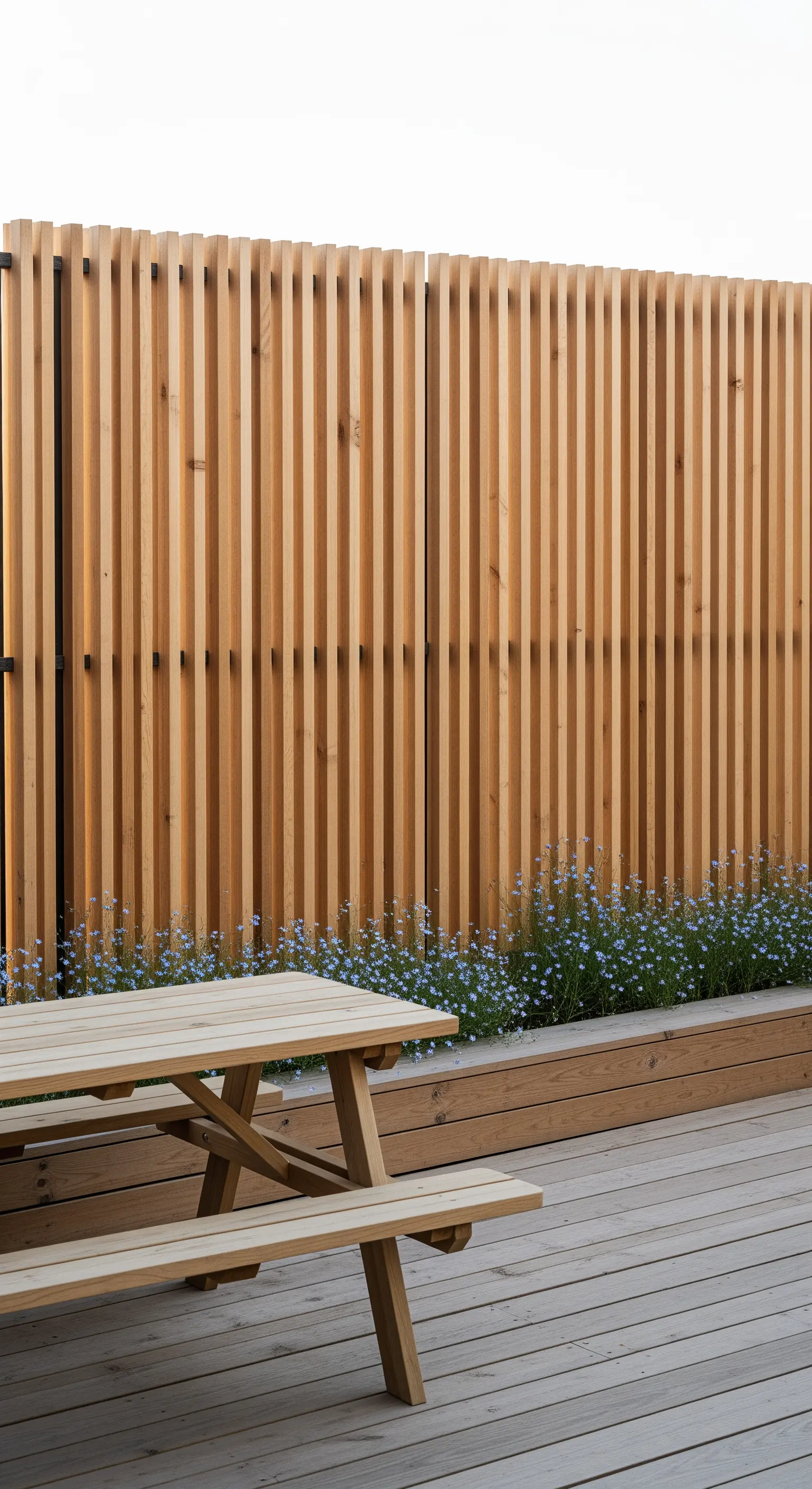 Recinzione moderna a listelli verticali in legno su una terrazza con tavolo da picnic.