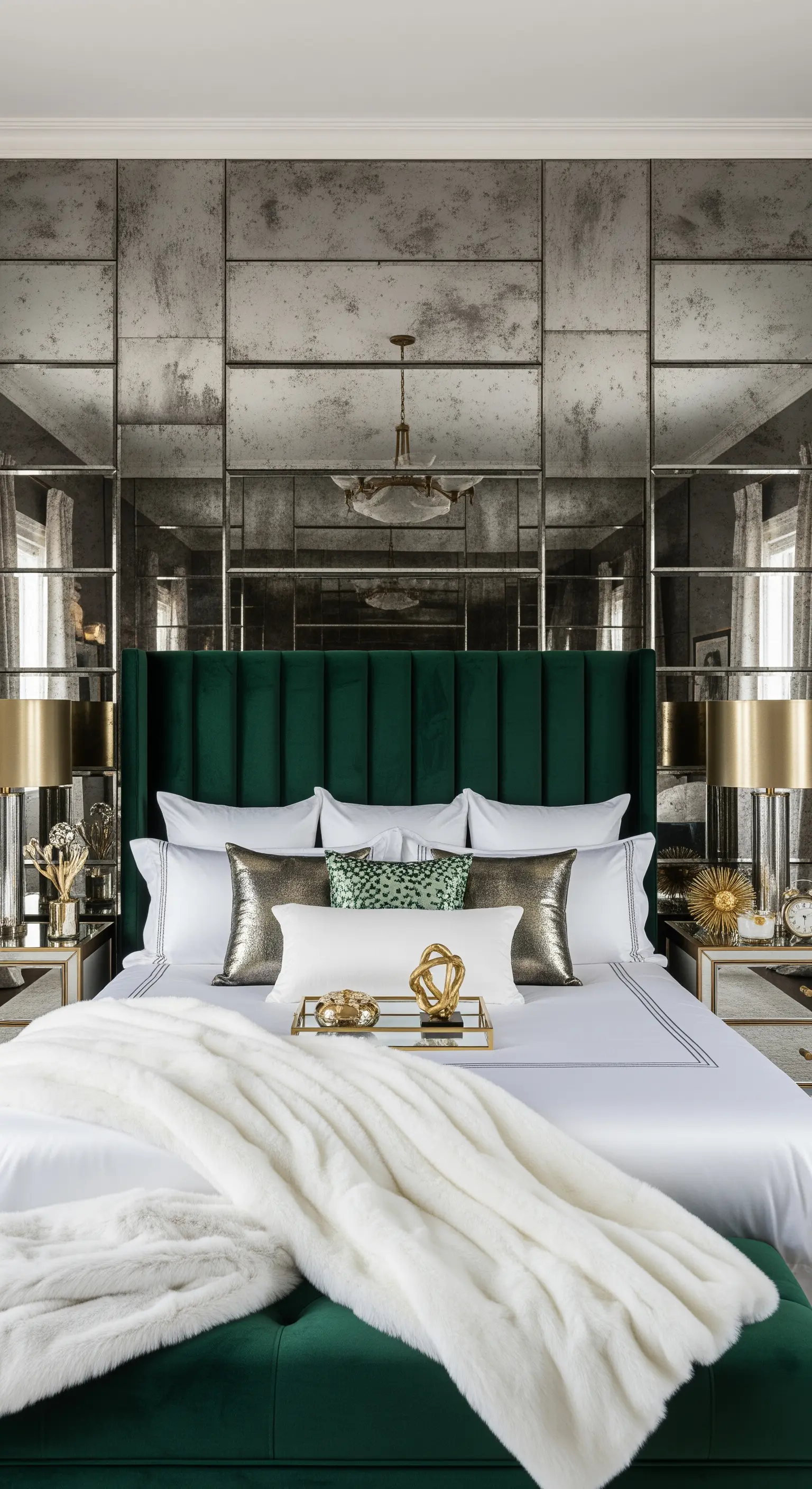 Parete di pannelli a specchio anticato dietro una testiera in velluto verde scuro.