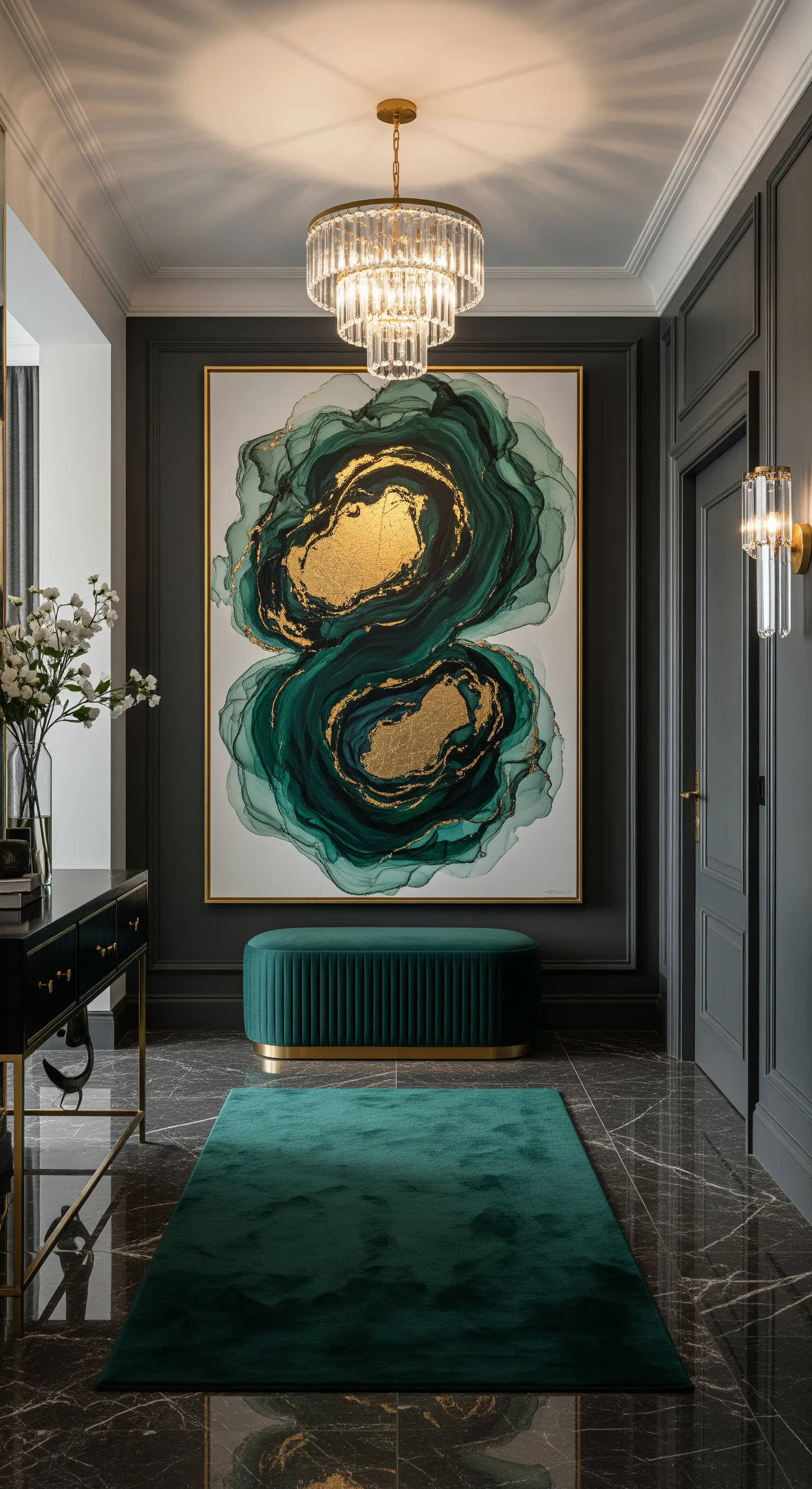 Ingresso elegante con pareti grigio scuro, quadro astratto verde e oro e tappeto in velluto.