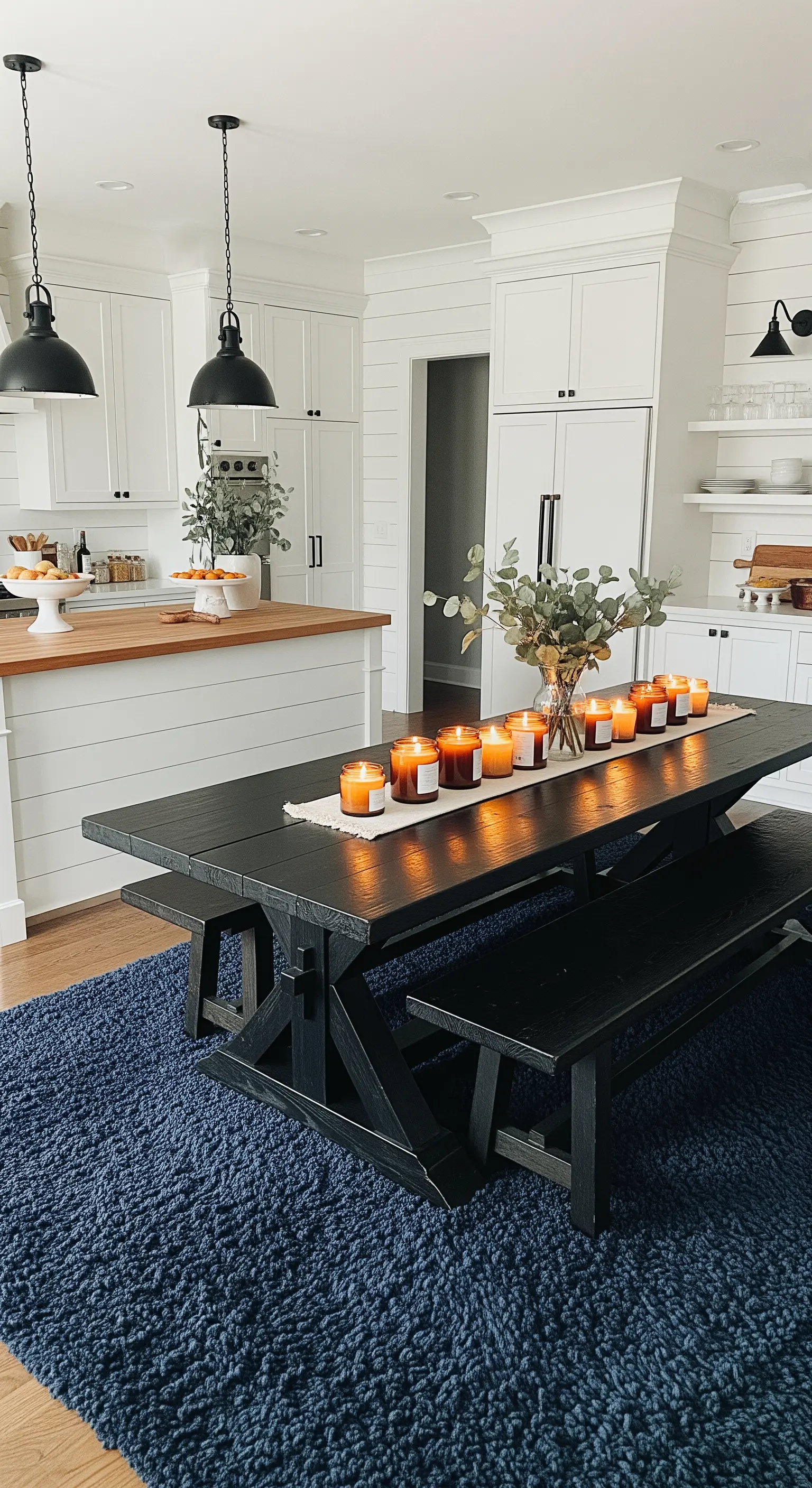 Tappeto blu a pelo lungo sotto un tavolo da pranzo nero in una cucina moderna in stile farmhouse.