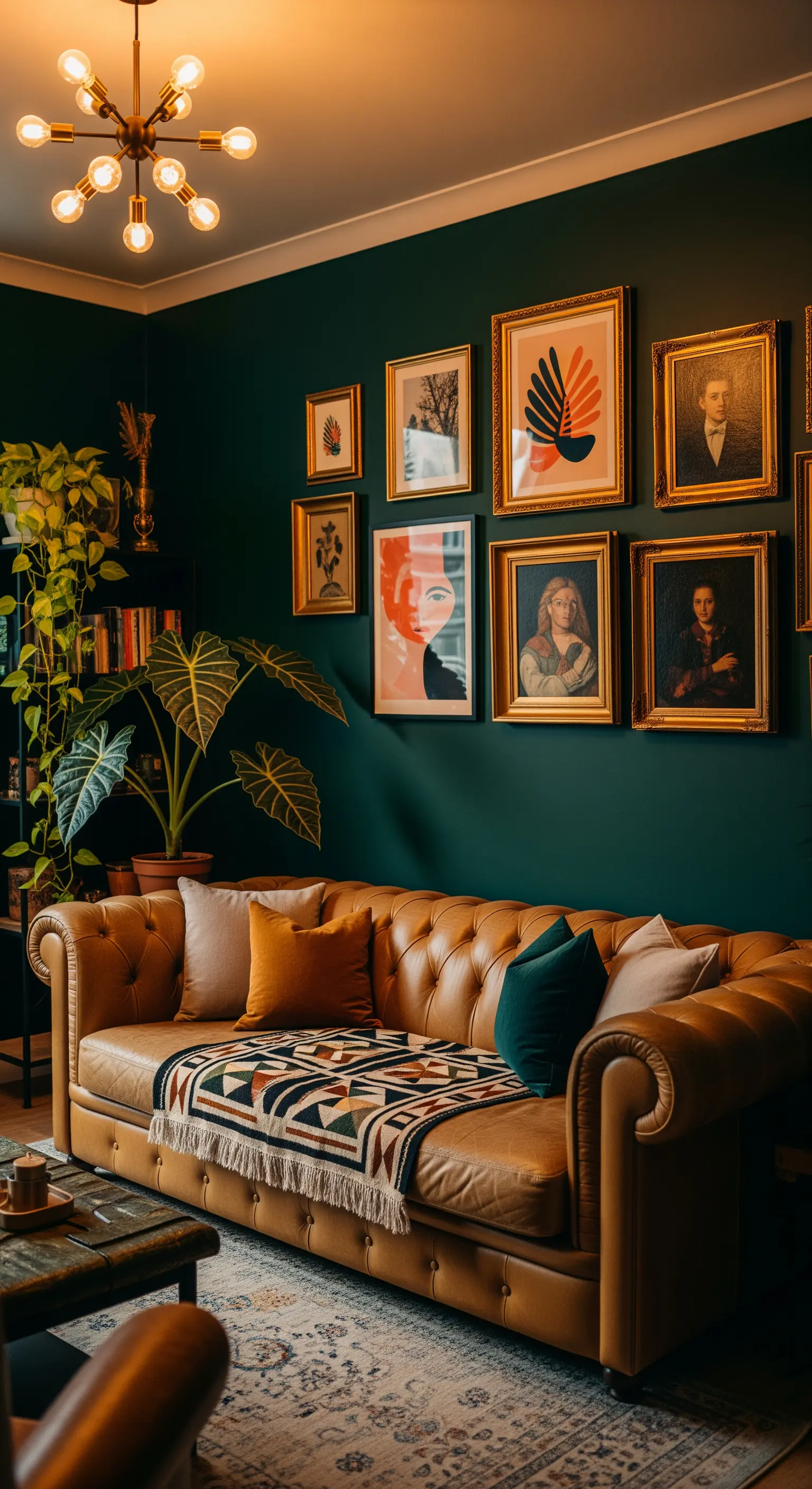 Salotto con pareti verde scuro, divano Chesterfield in pelle e una galleria di quadri con cornici dorate.