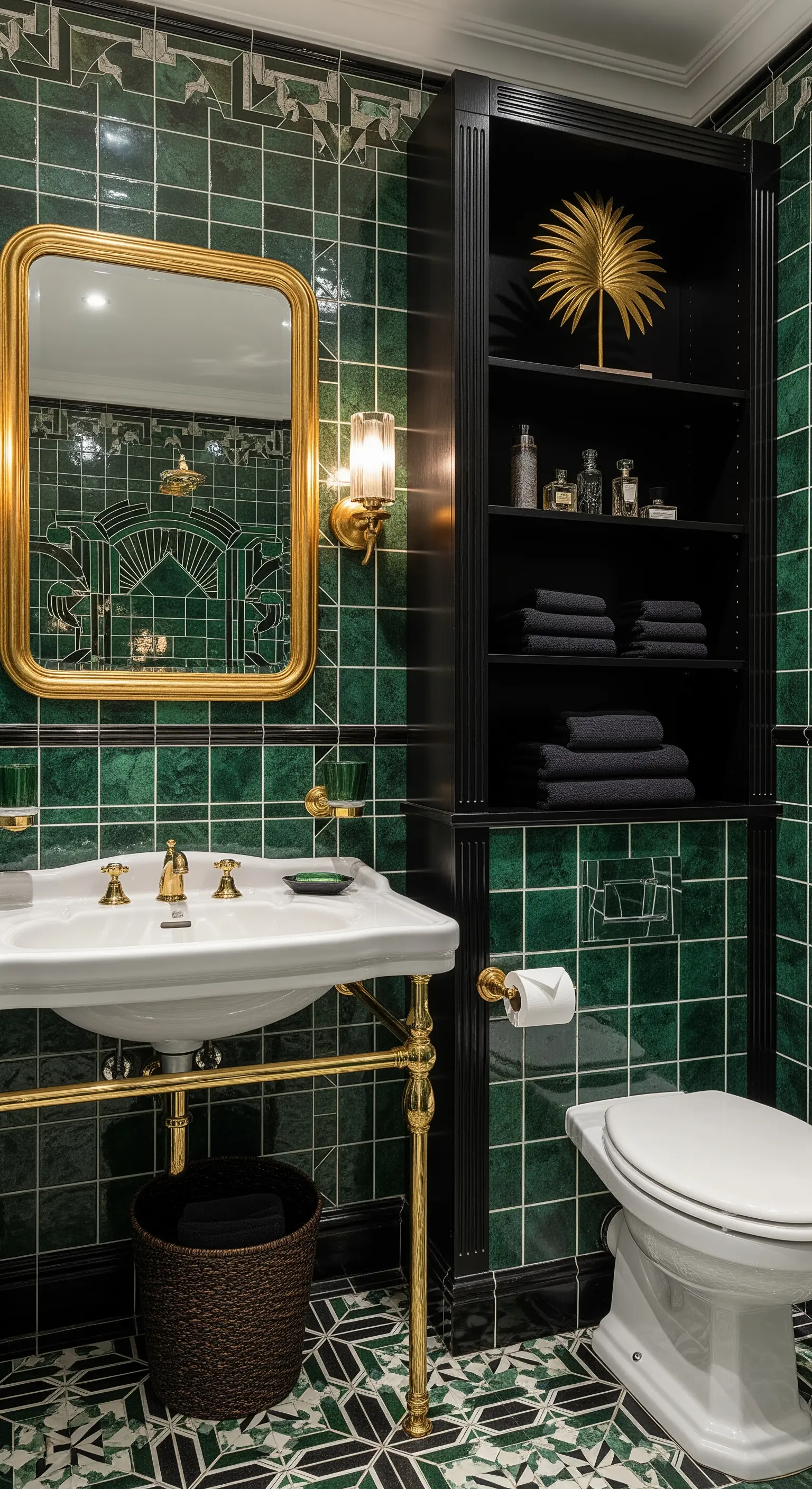 Libreria nera a incasso in un bagno con piastrelle verdi e dettagli dorati.