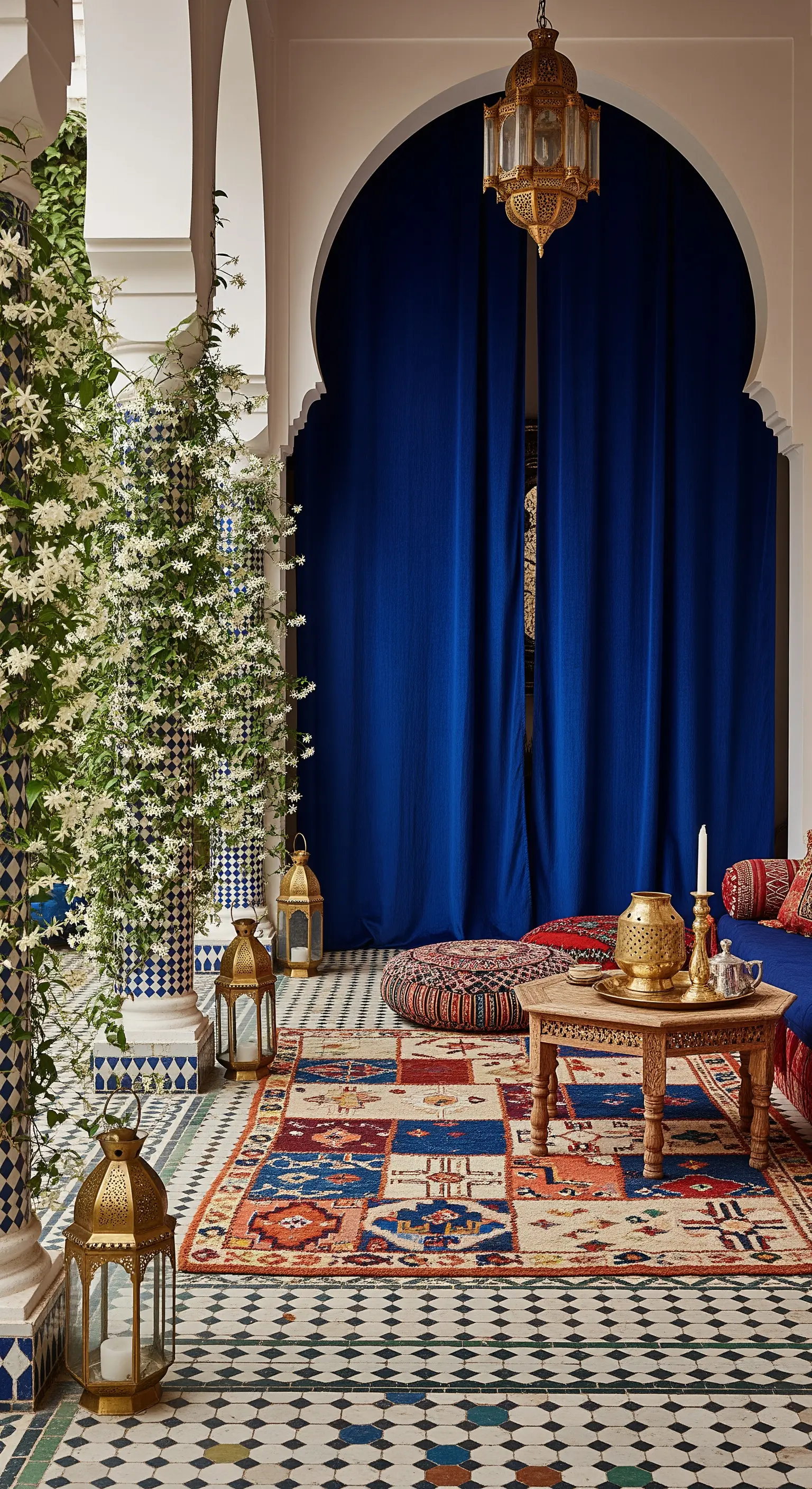 Patio marocchino con piastrelle a mosaico, tenda in velluto blu cobalto e lanterne in ottone.