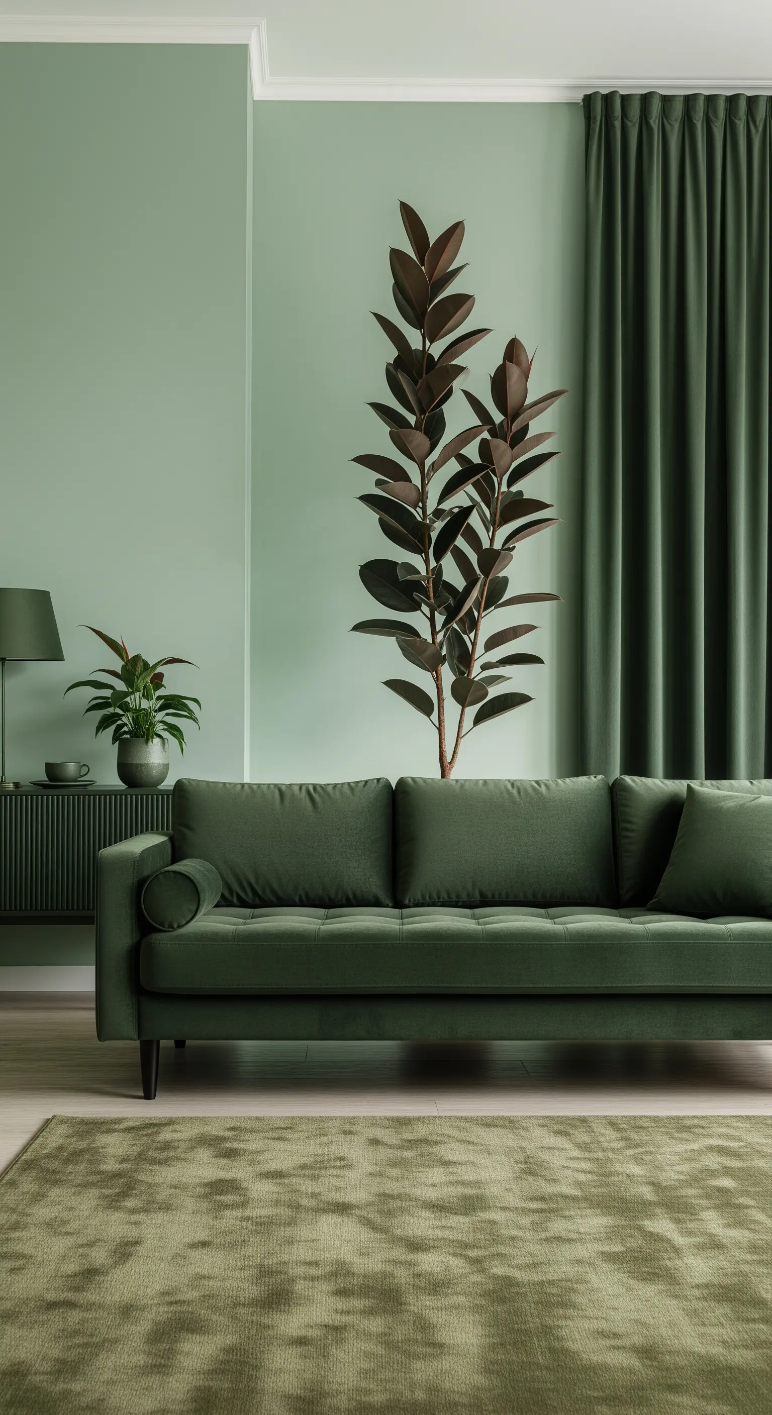 Un Ficus elastica dalle foglie scure contro una parete verde salvia in un soggiorno monocromatico.