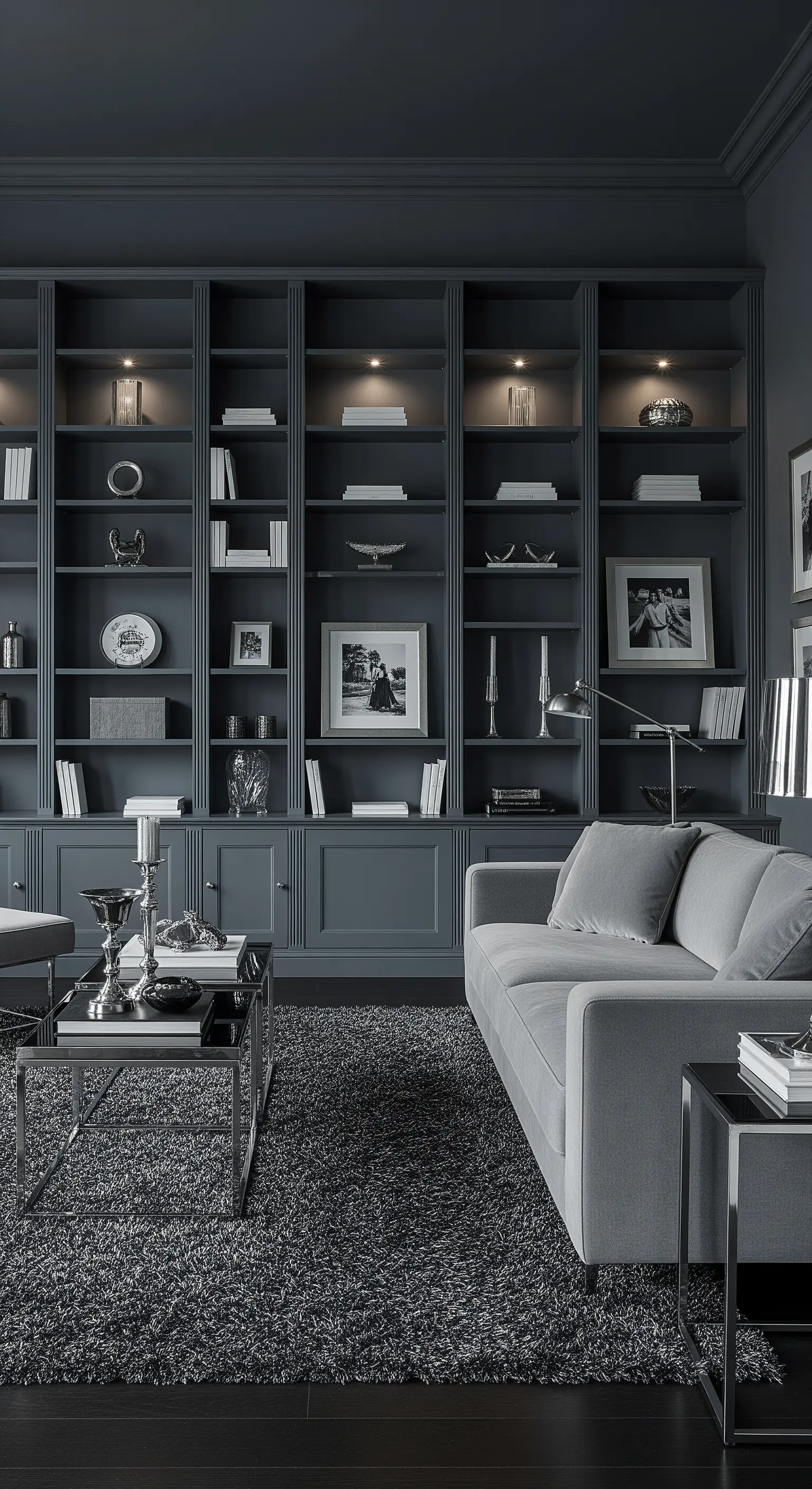 Salotto monocromatico con libreria e pareti grigio antracite e divano grigio.