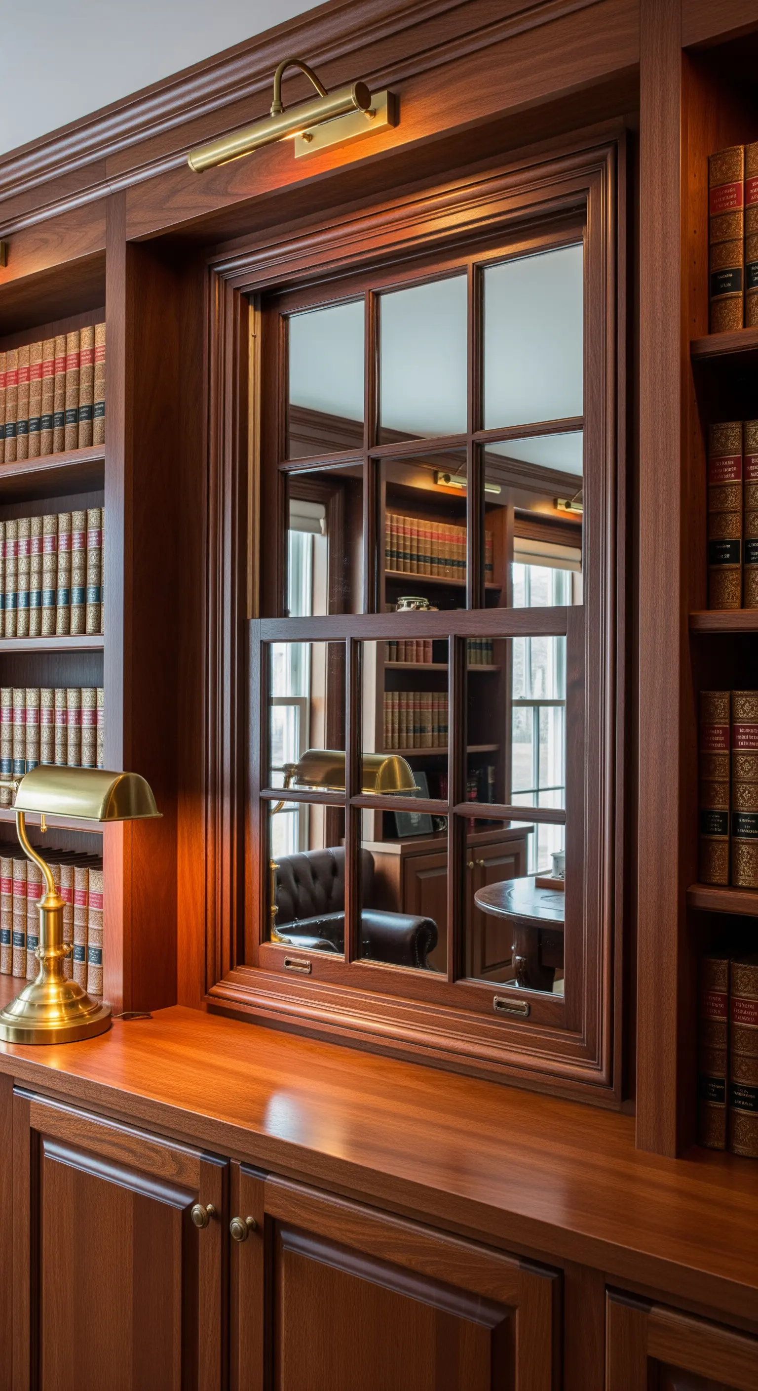 Specchio a finestra a ghigliottina inserito in una libreria a parete in legno scuro.