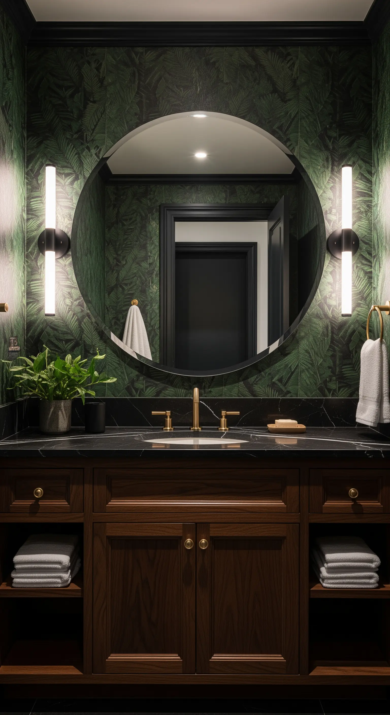 Bagno con carta da parati verde scuro, mobile in legno noce e top in marmo nero.