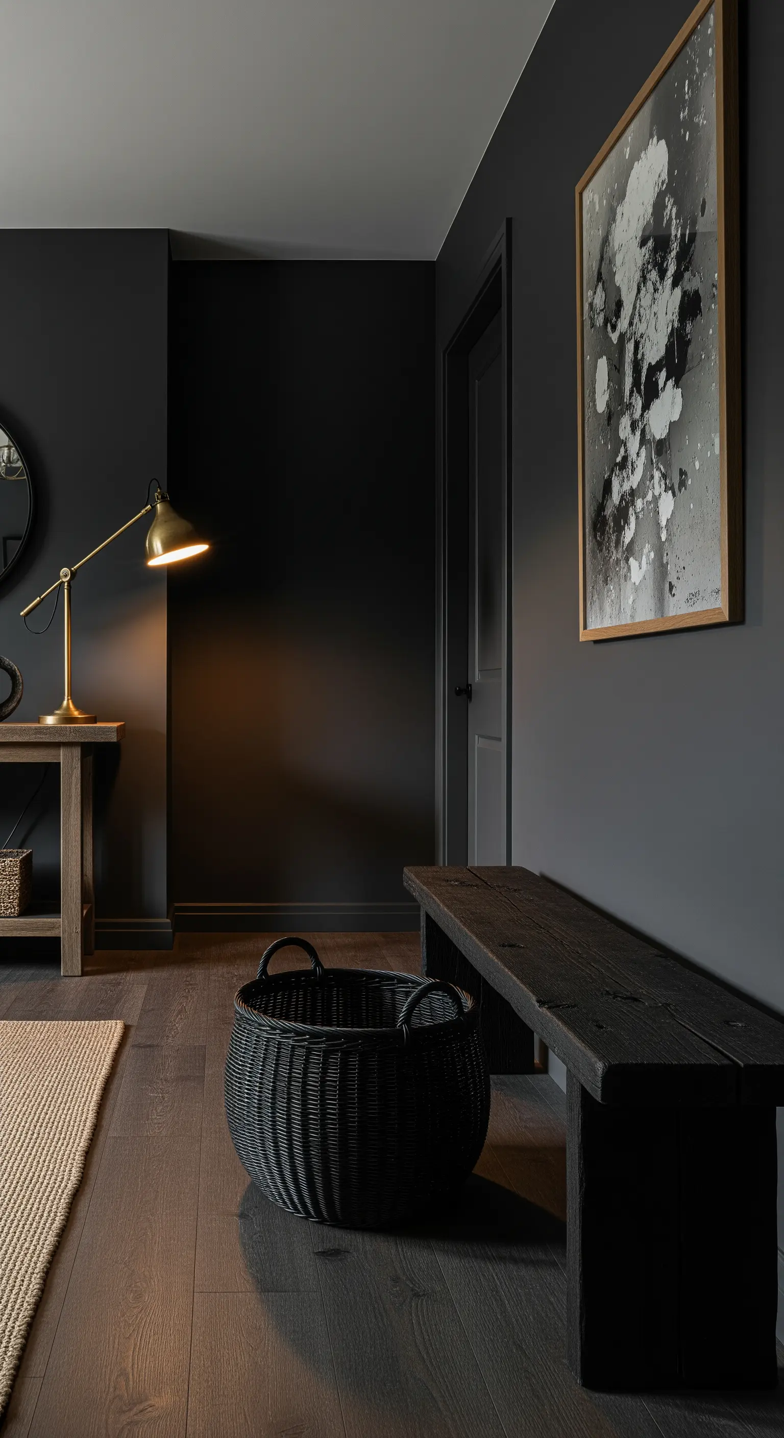 Ingresso scuro con panca nera, cesto nero e una lampada in ottone che illumina l'angolo.