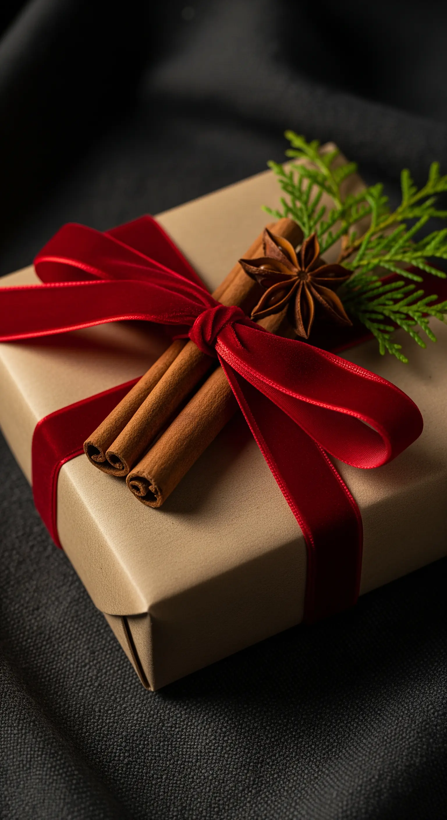 Dettaglio di un pacchetto regalo decorato con stecche di cannella e anice stellato.