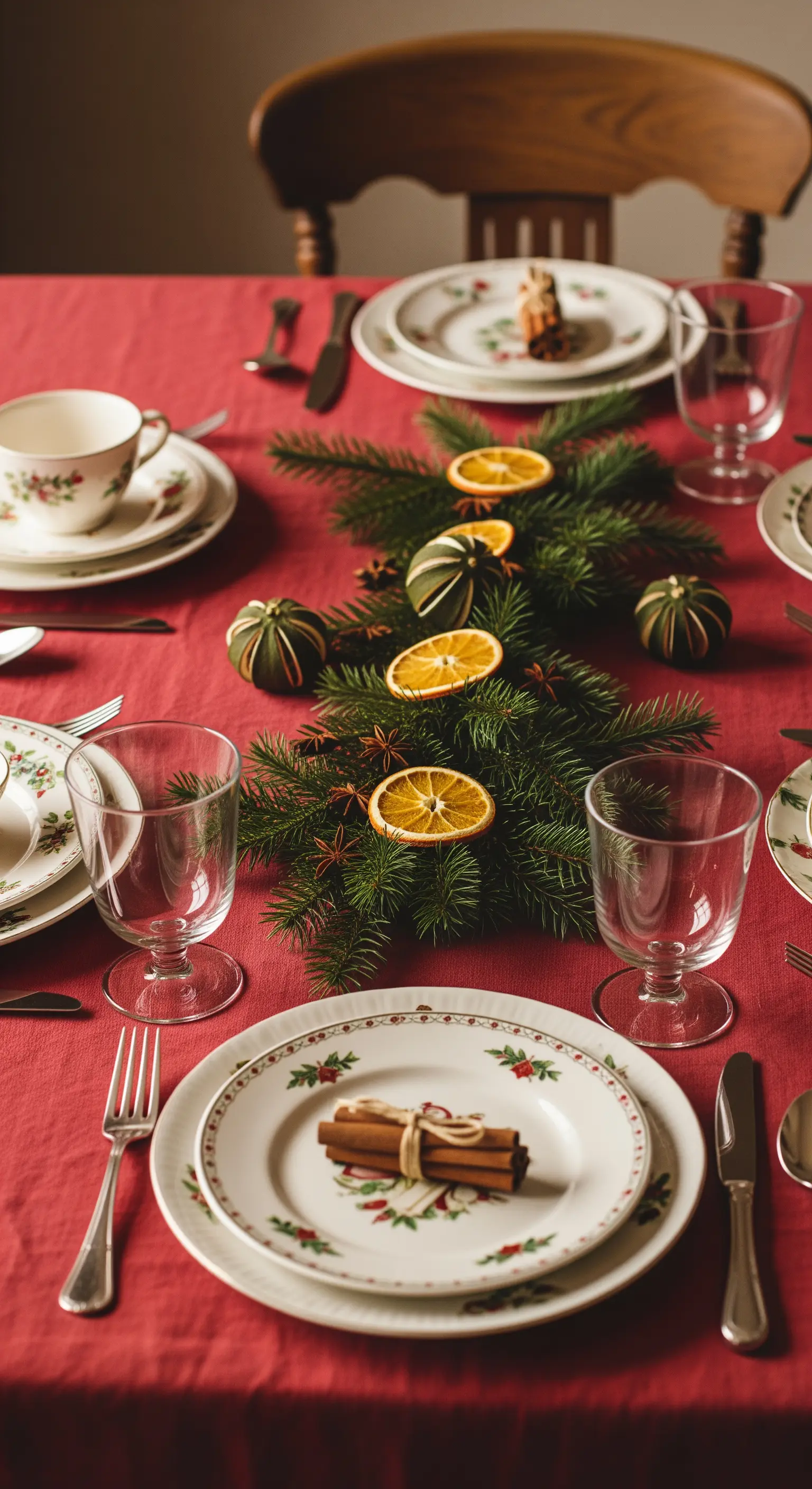 Centrotavola natalizio con rami di pino, arance essiccate e cannella su tovaglia rossa.