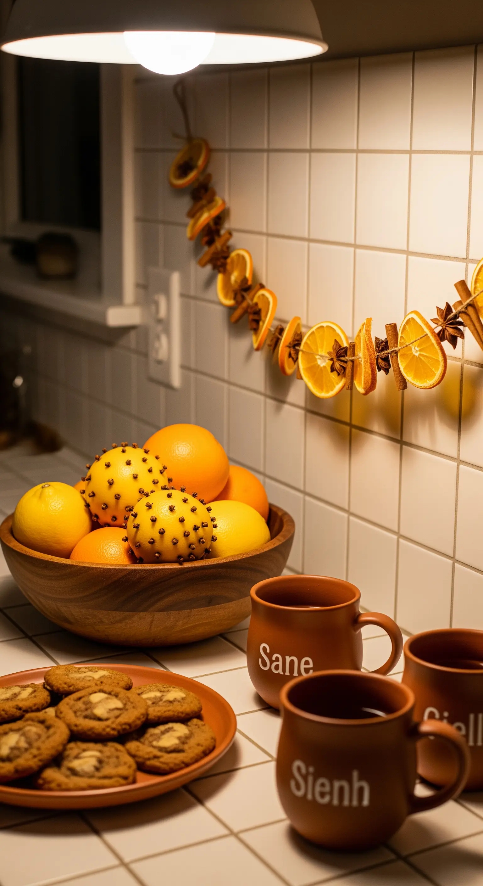 Angolo cucina con ghirlanda di arance essiccate, ciotola di agrumi e tazze in terracotta.