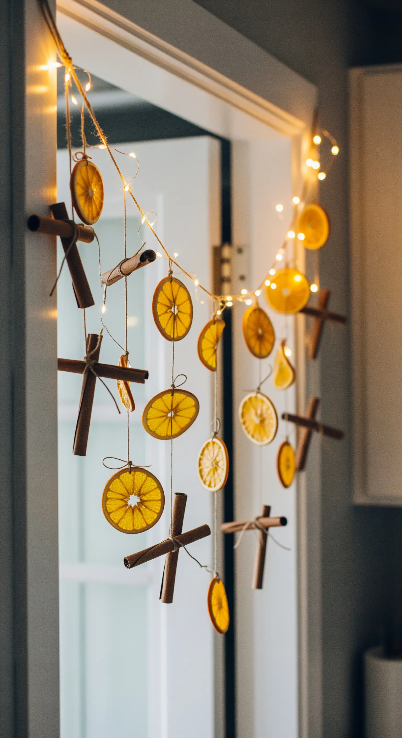 Ghirlanda verticale con fette d'arancia essiccate e stecche di cannella, illuminata da lucine.