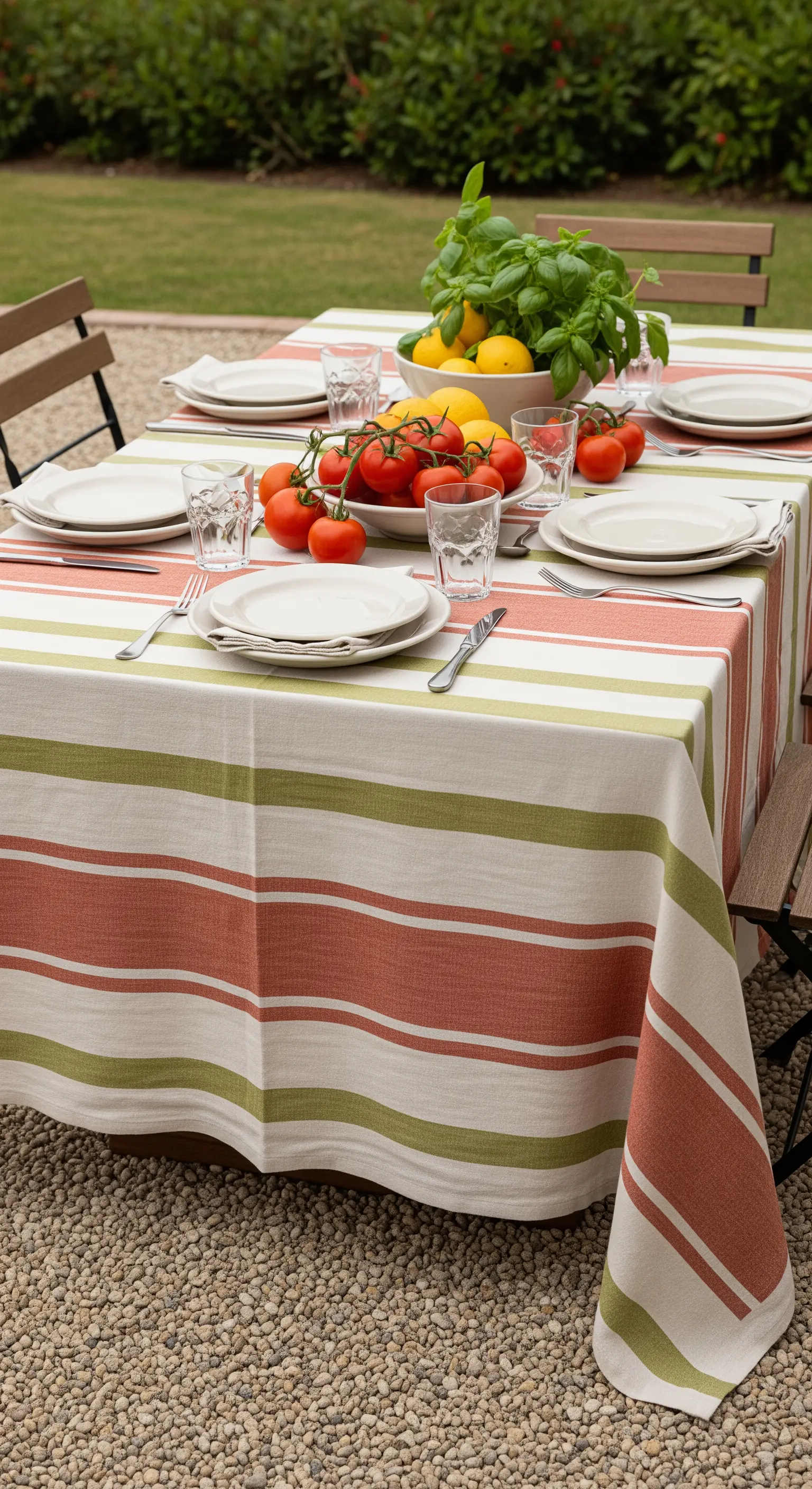 Tavola con tovaglia a righe color terracotta e un centrotavola di pomodori e basilico.